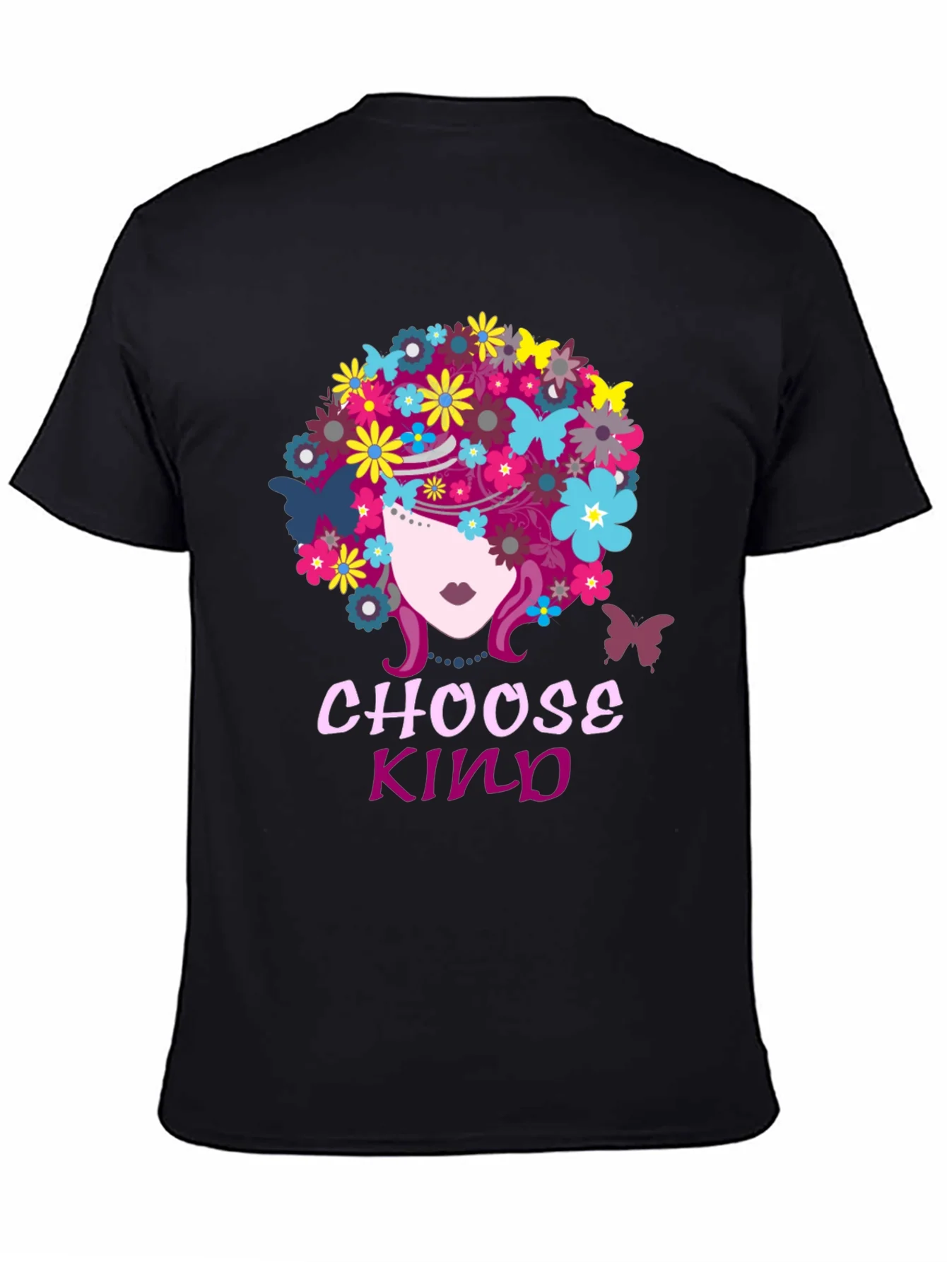 Camiseta Negra Choose Kind con Flores y Mariposas