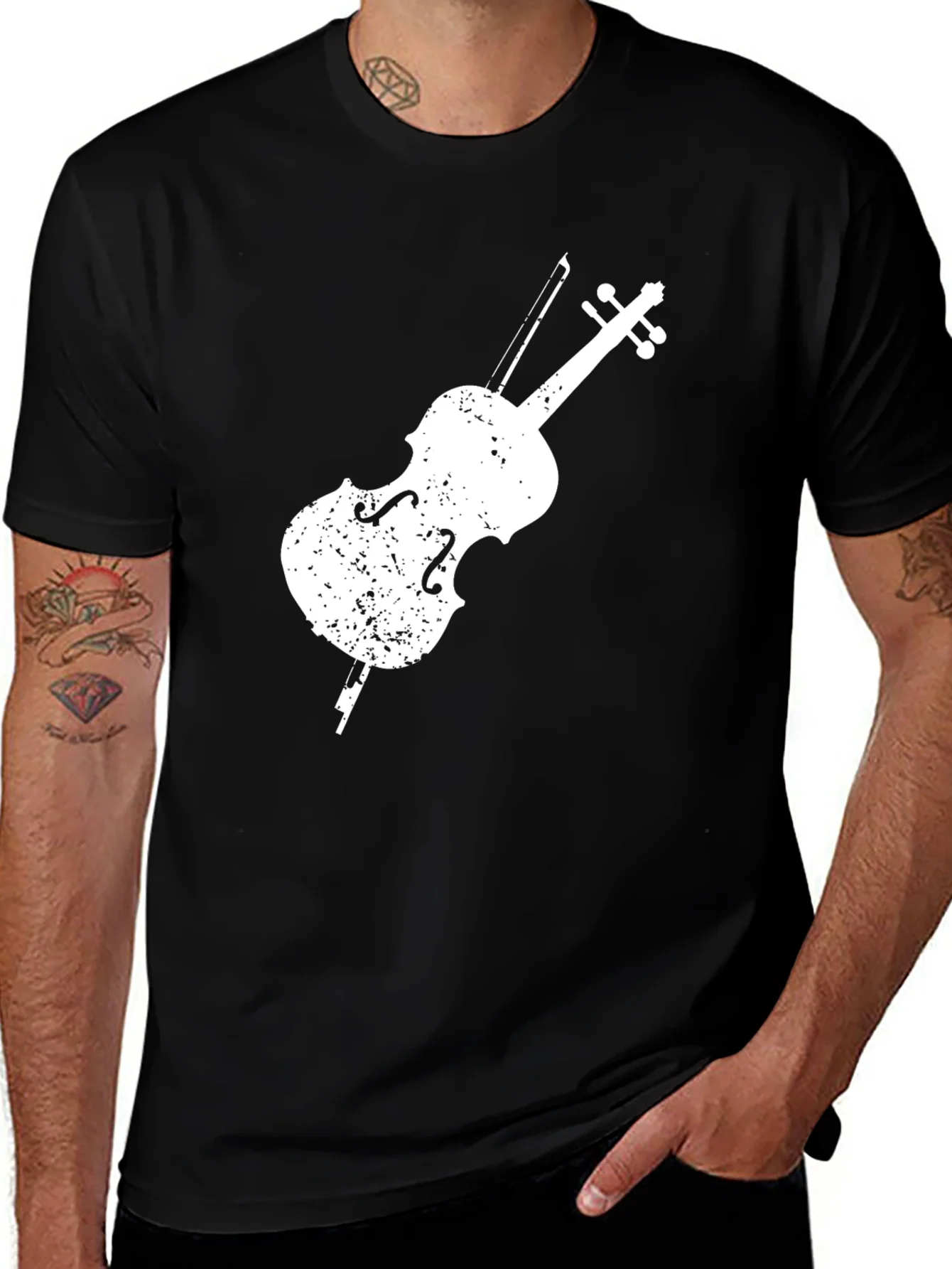 Camiseta Negra con Dise?o de Violonchelo Blanco