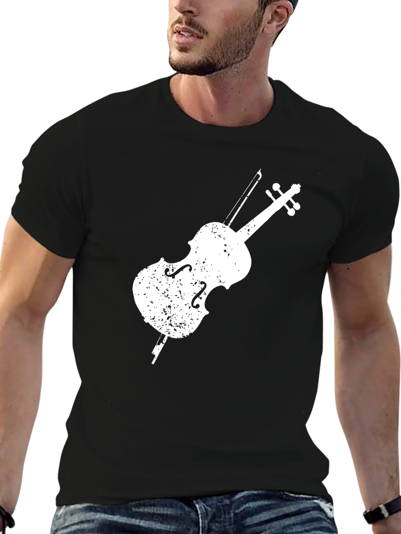 Camiseta Negra con Dise?o de Violonchelo Blanco