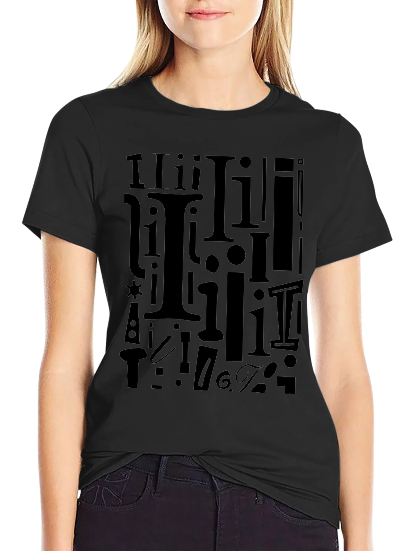 Rebbecca I Pattern Black Crew Neck T-Shirt