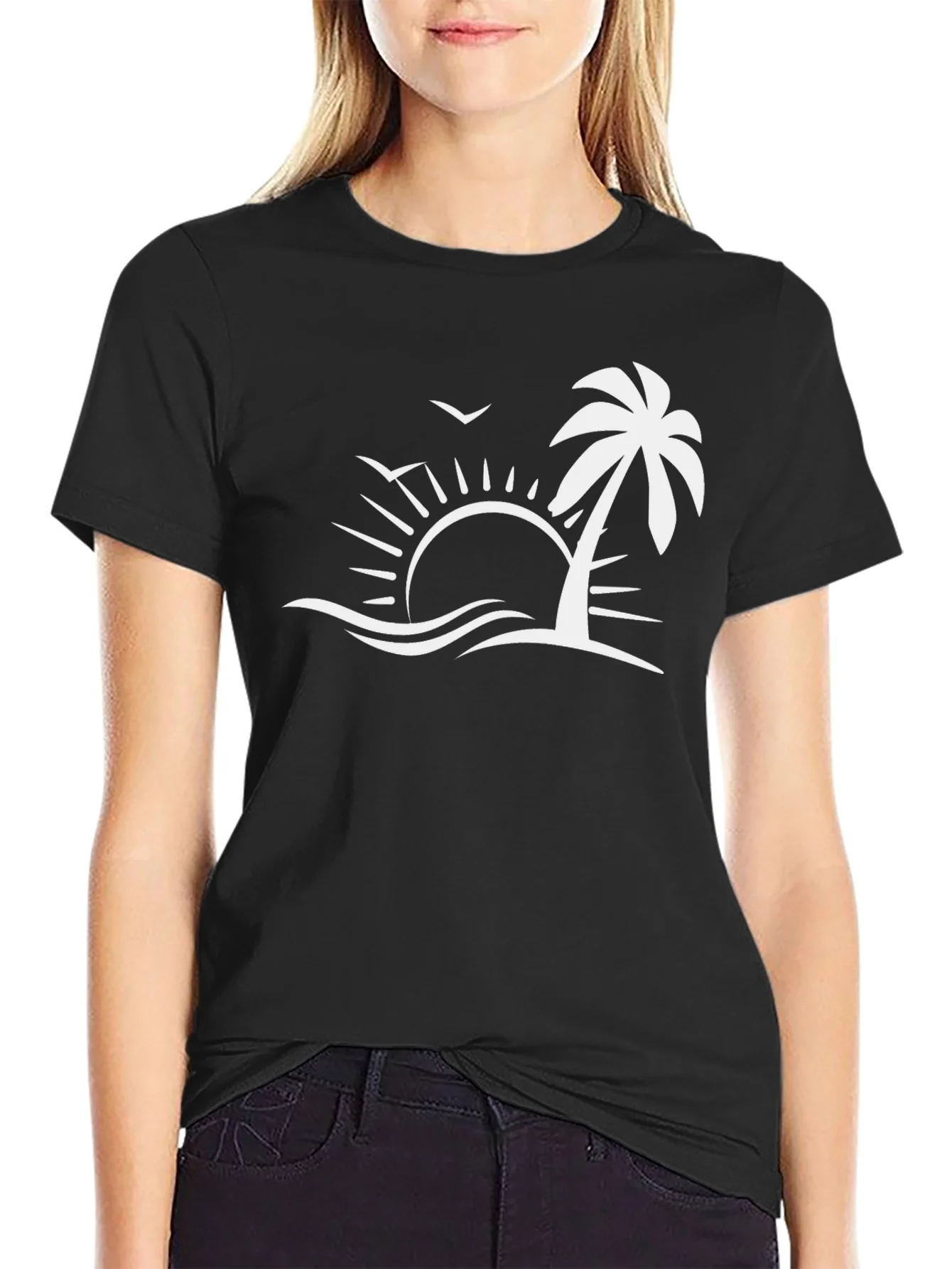 Camiseta Negra con Dise?o de Playa Tropical