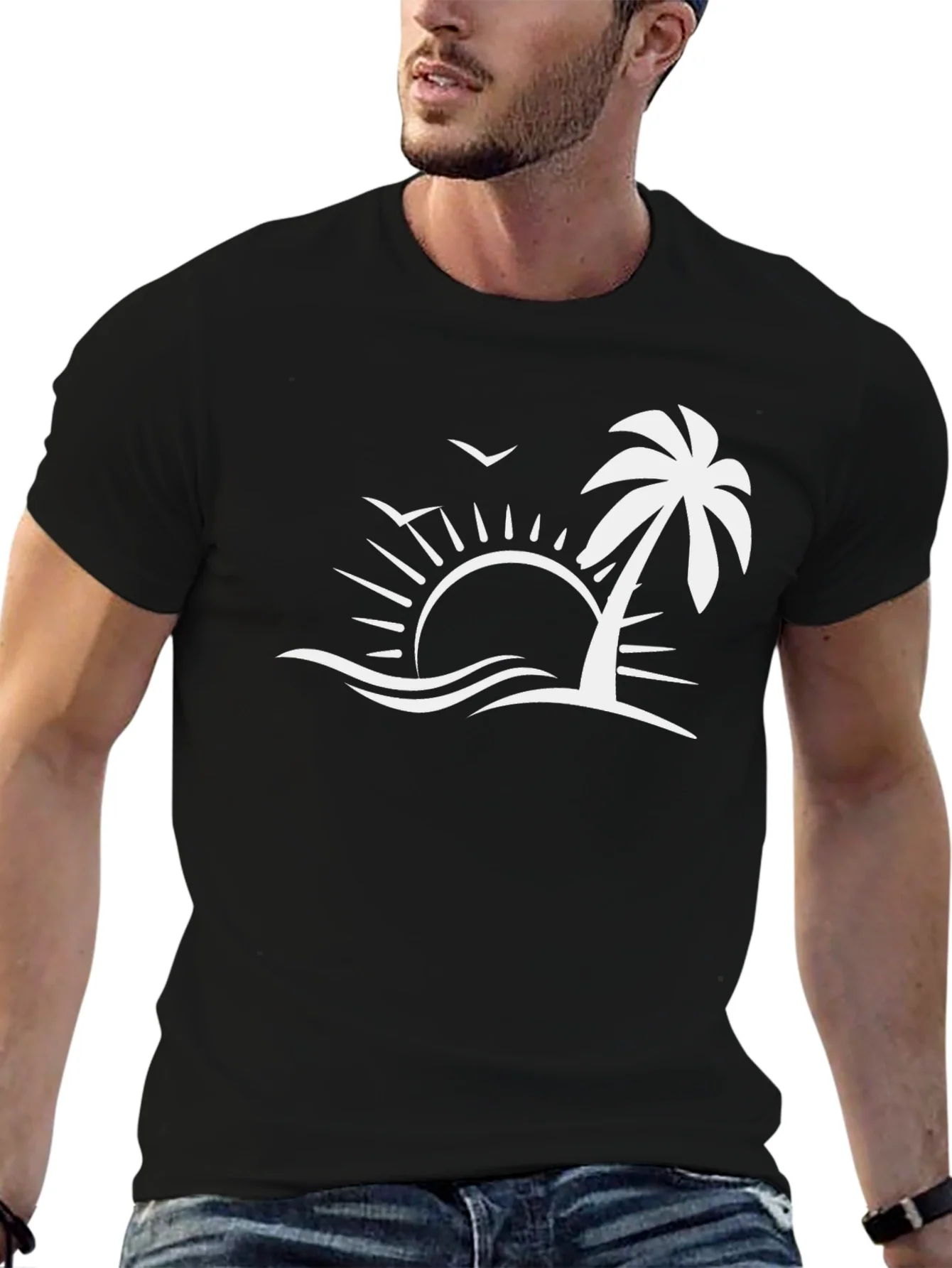 Camiseta Negra con Dise?o de Playa Tropical