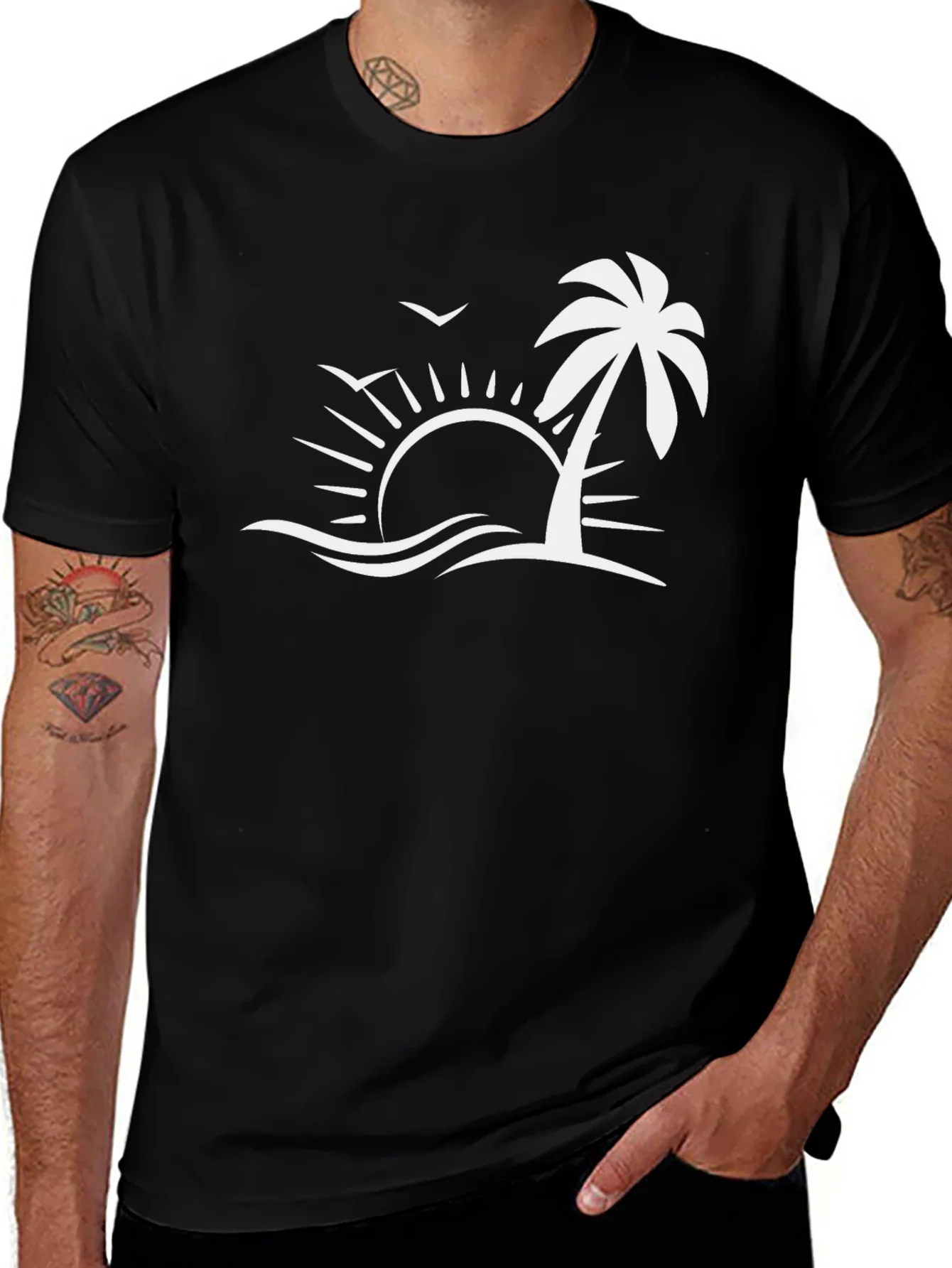 Camiseta Negra con Dise?o de Playa Tropical