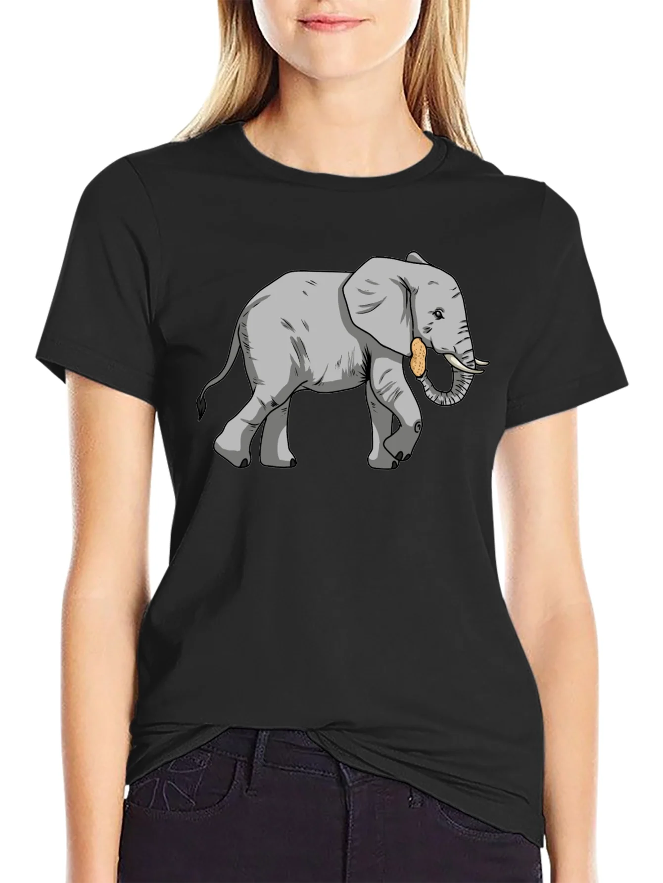 Camiseta Negra con Dise?o de Elefante con Cacahuete
