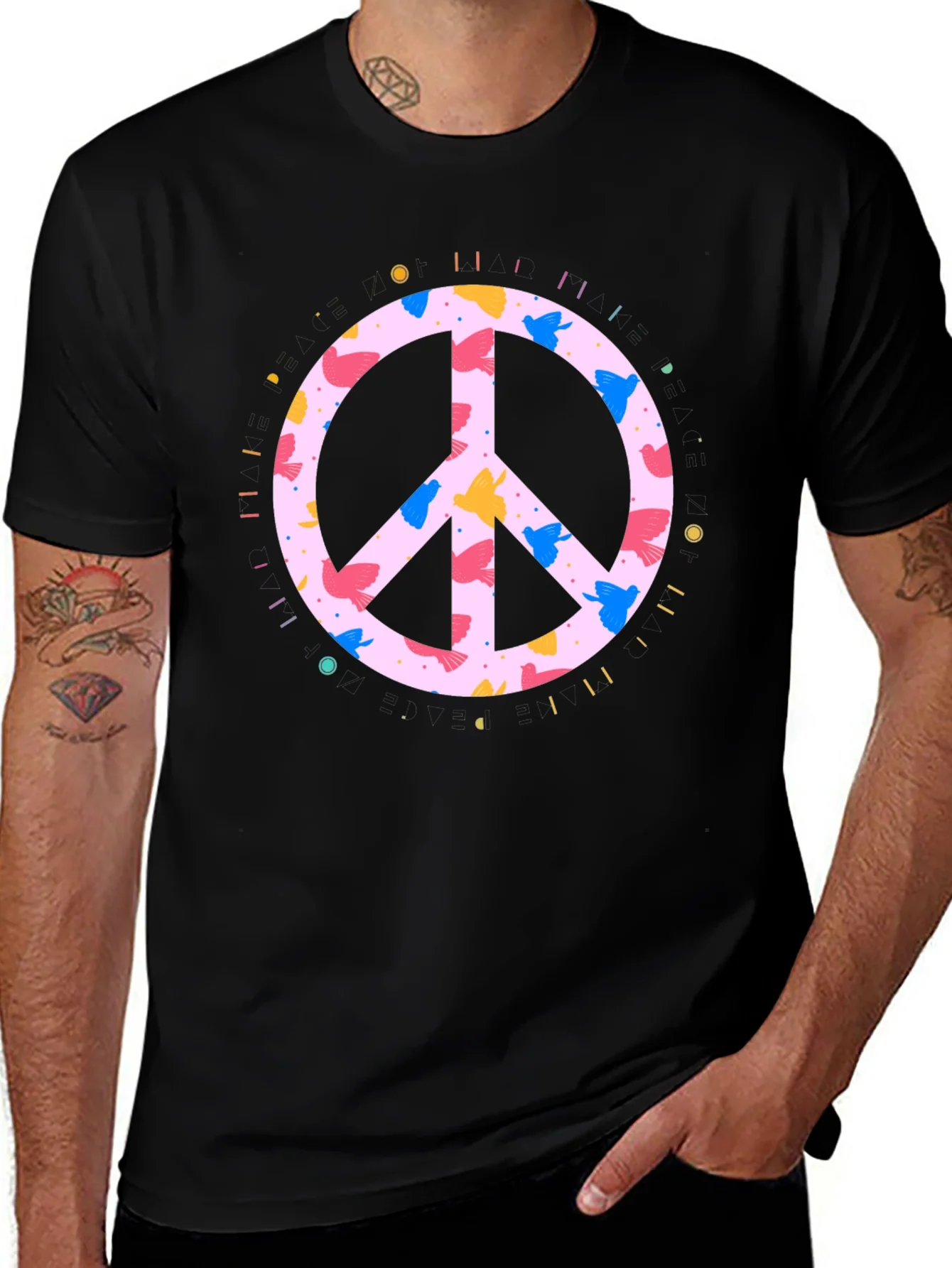 Rebbecca Peace Sign Bird Print Black T-Shirt