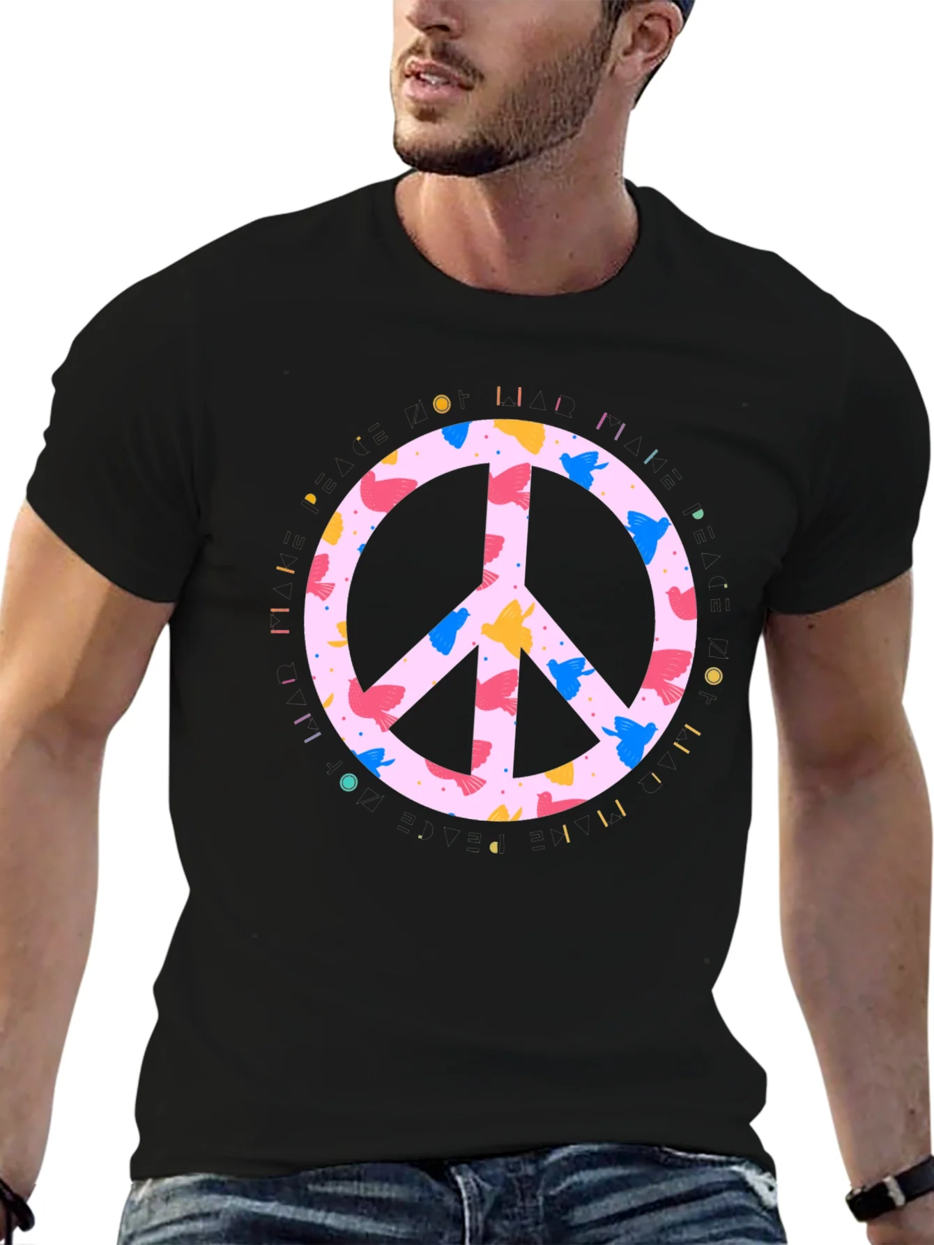 Rebbecca Peace Sign Bird Print Black T-Shirt