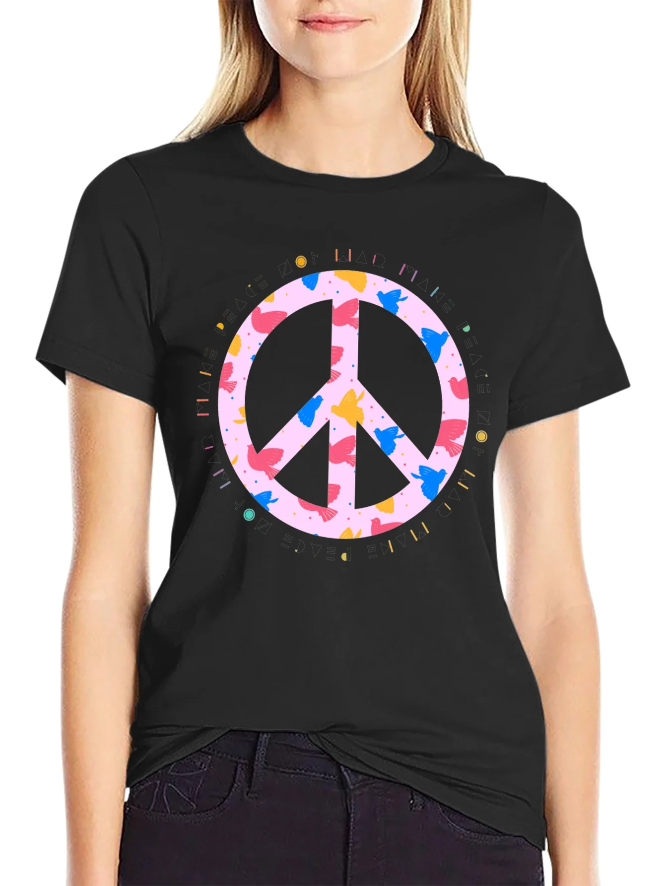 Rebbecca Peace Sign Bird Print Black T-Shirt