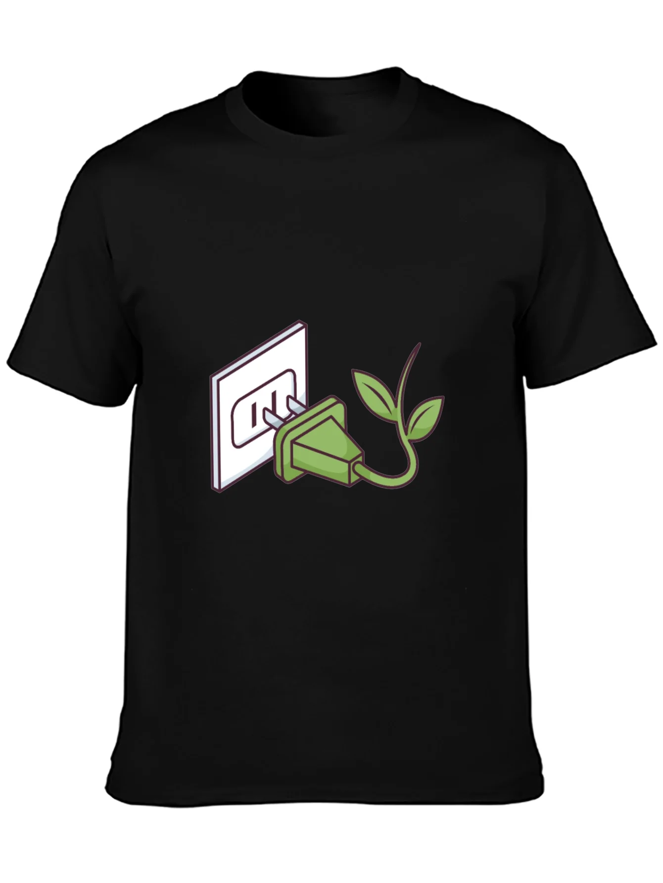 Camiseta Negra Eco-Amigable: Enchufe con Hojas
