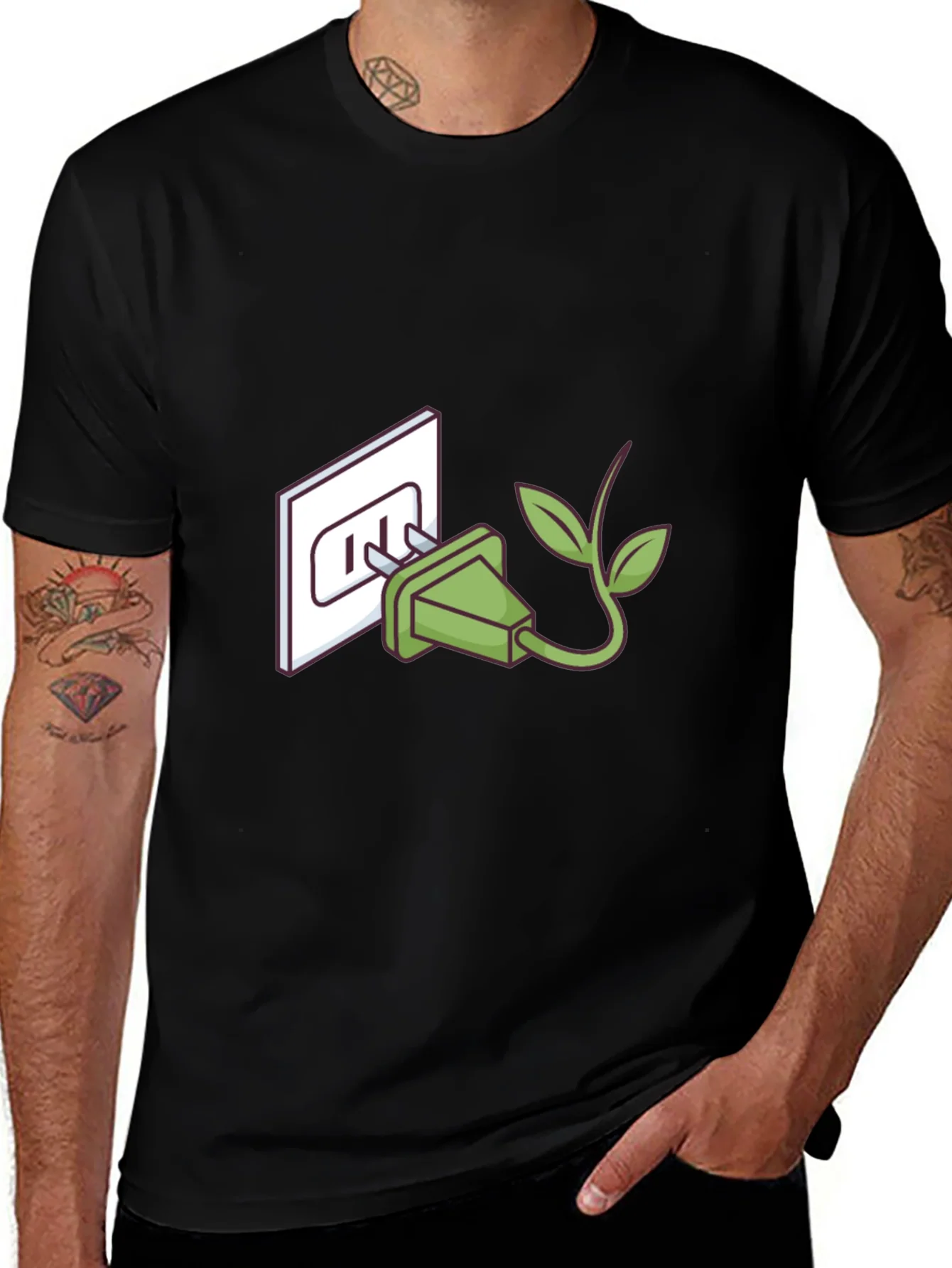 Camiseta Negra Eco-Amigable: Enchufe con Hojas