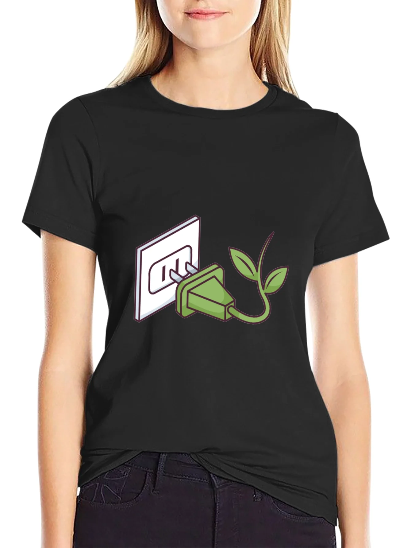 Camiseta Negra Eco-Amigable: Enchufe con Hojas