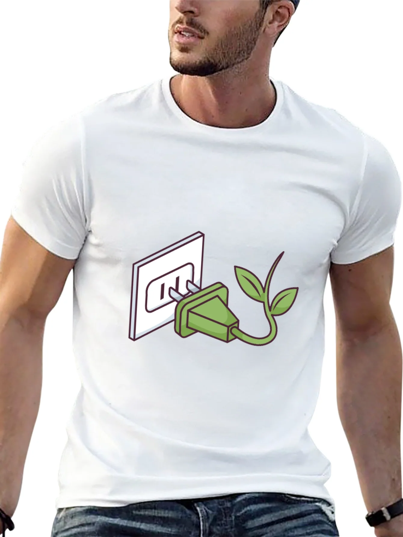 Camiseta Negra Eco-Amigable: Enchufe con Hojas