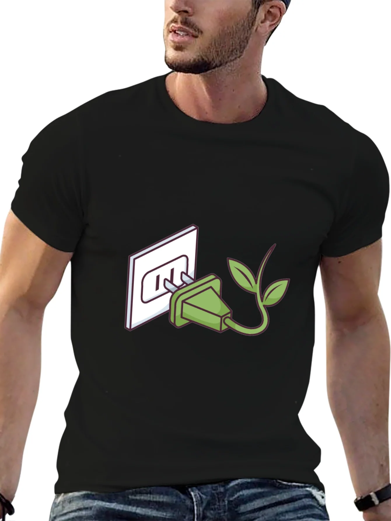 Camiseta Negra Eco-Amigable: Enchufe con Hojas