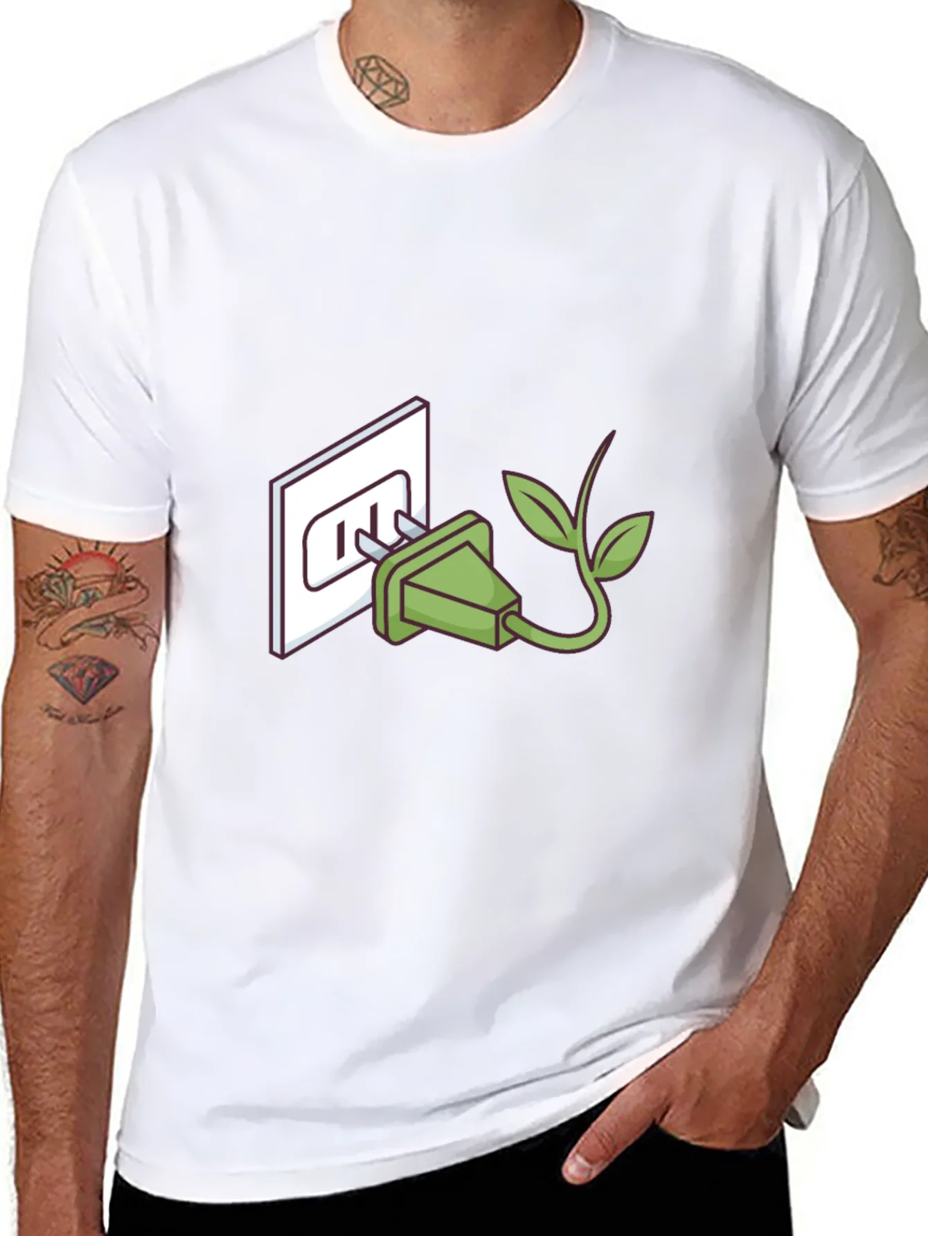 Camiseta Negra Eco-Amigable: Enchufe con Hojas