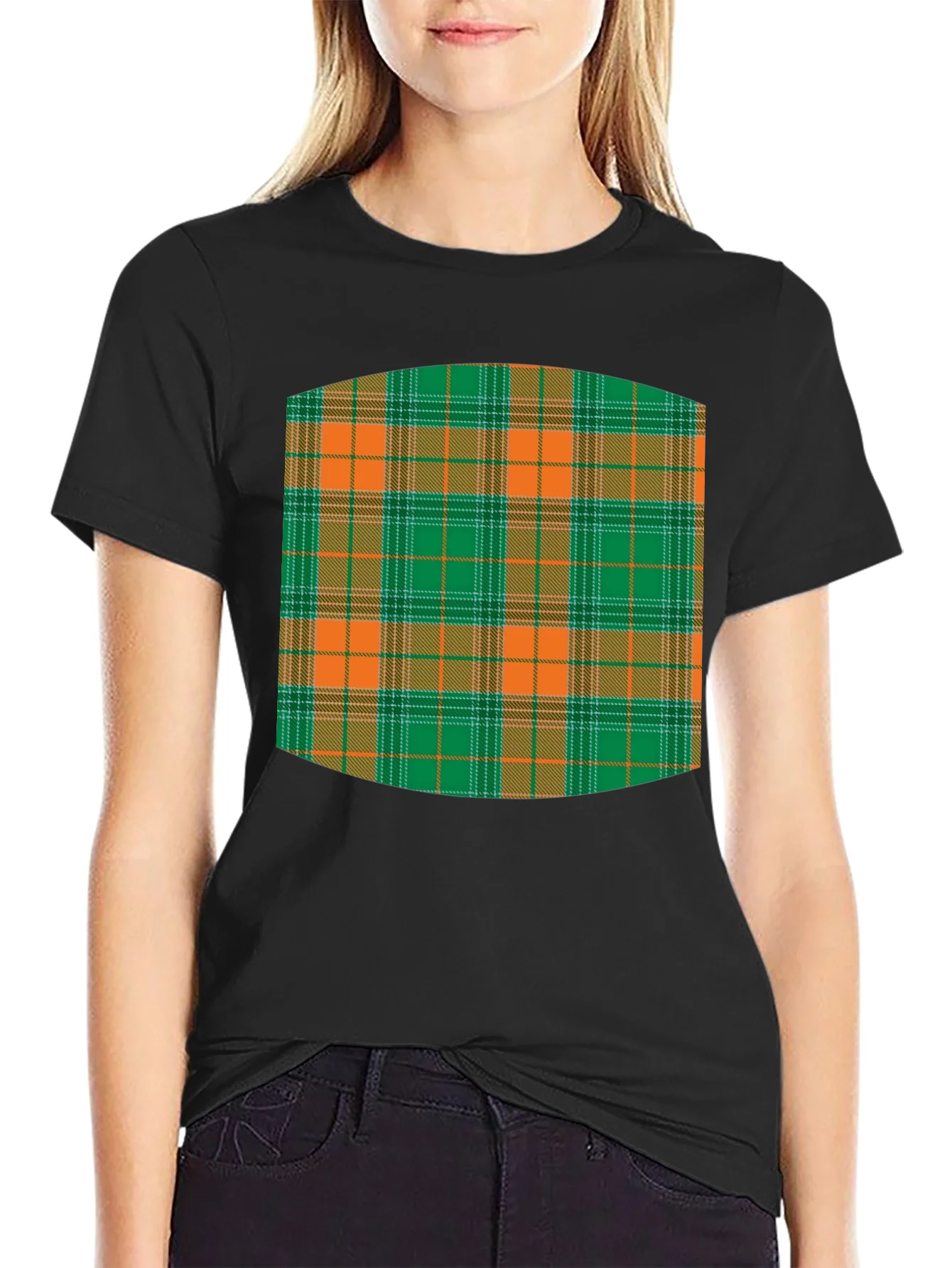 Camiseta Negra Estampado Tart¨¢n Naranja y Verde