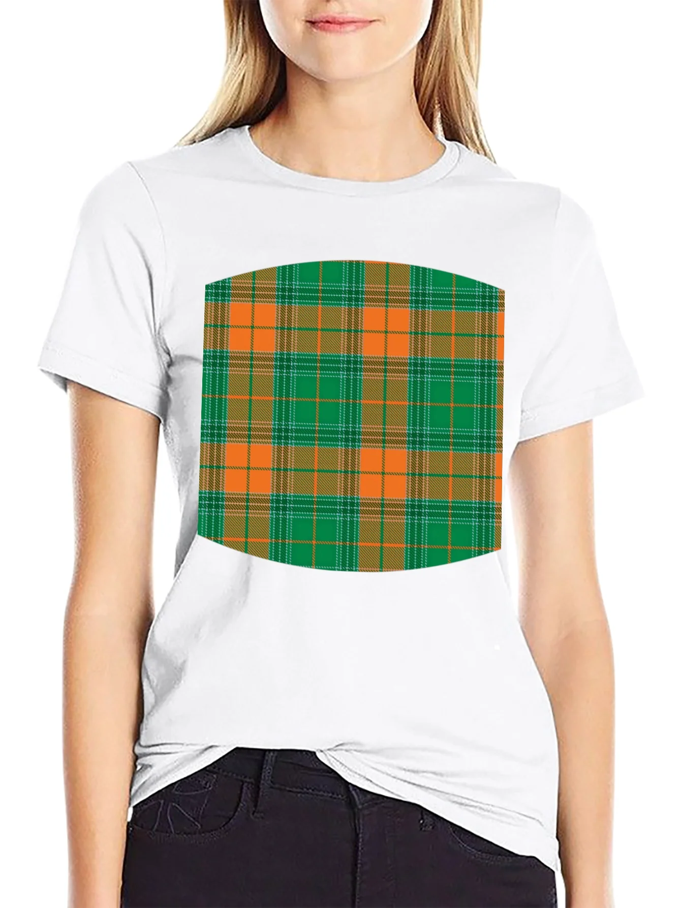 Camiseta Negra Estampado Tart¨¢n Naranja y Verde