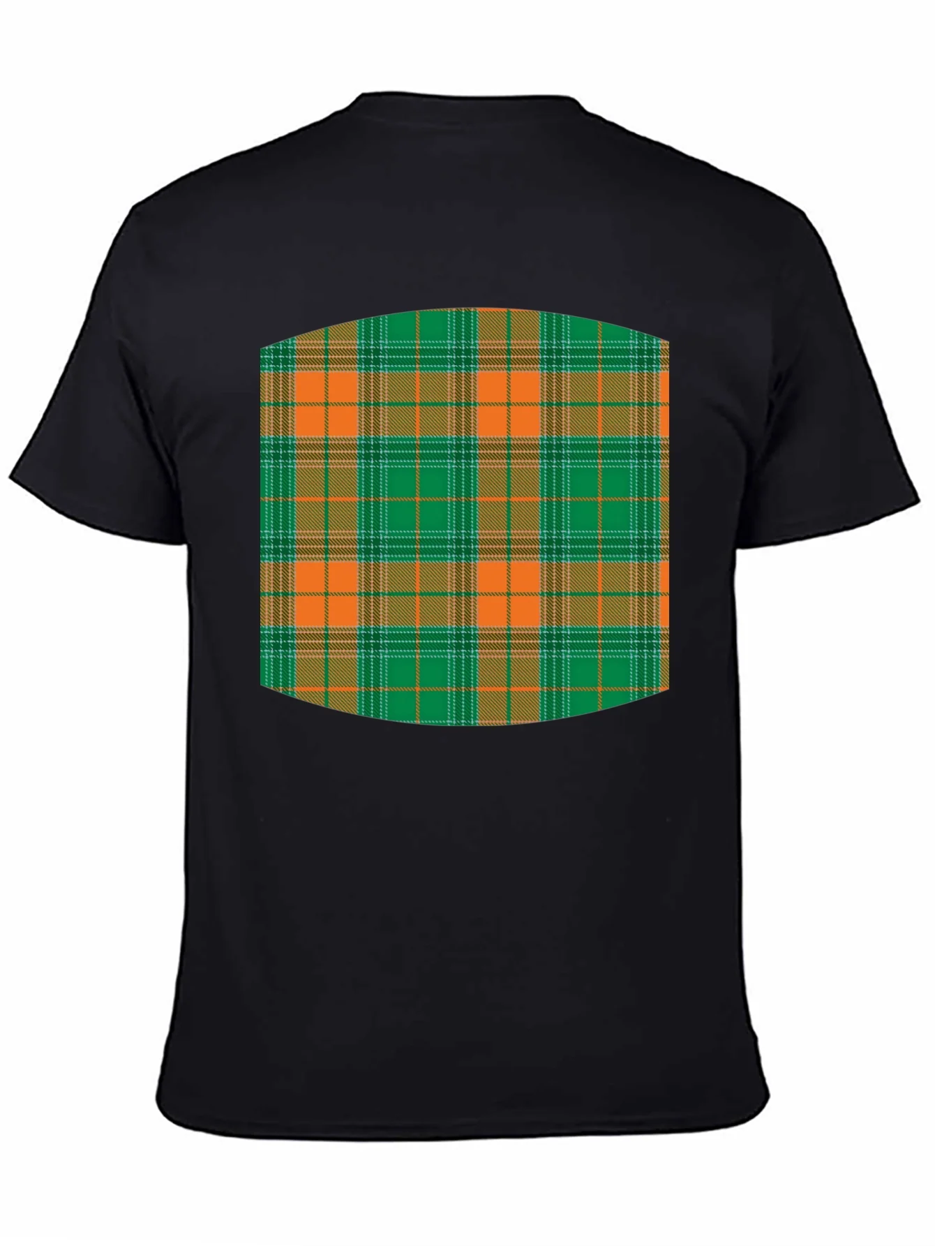 Camiseta Negra Estampado Tart¨¢n Naranja y Verde