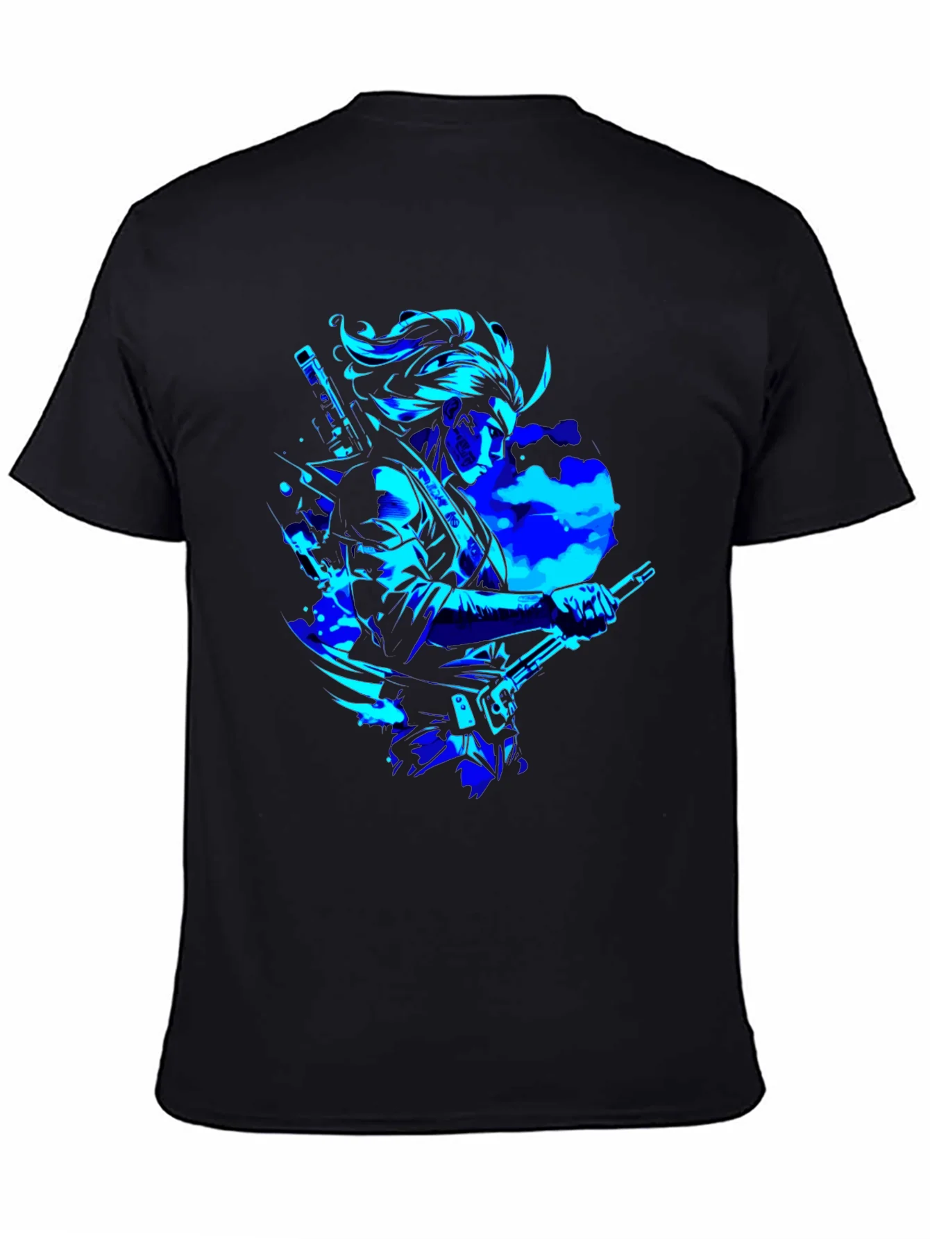 Camiseta Negra con Dise?o Samurai en Azul Ne¨®n