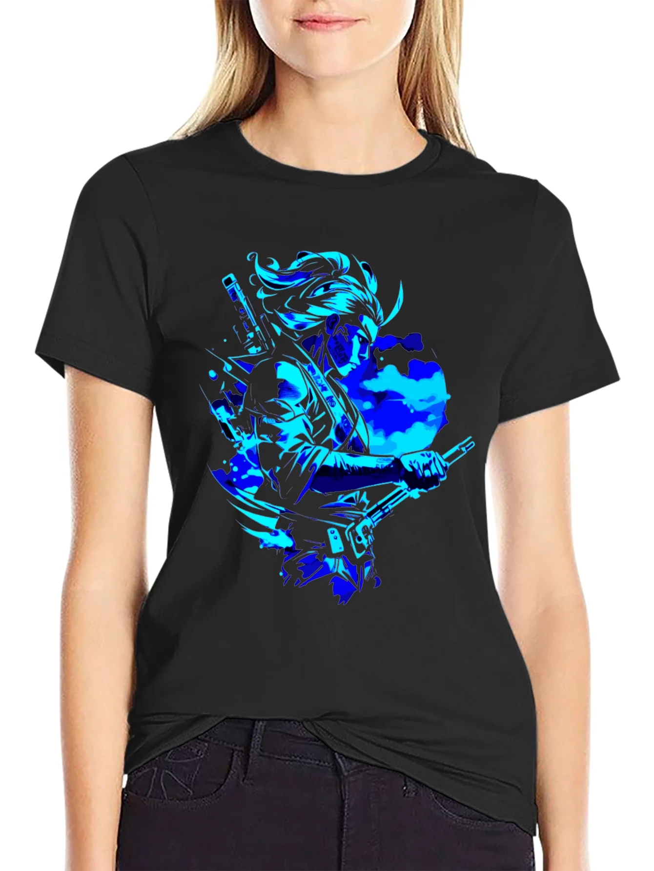 Camiseta Negra con Dise?o Samurai en Azul Ne¨®n