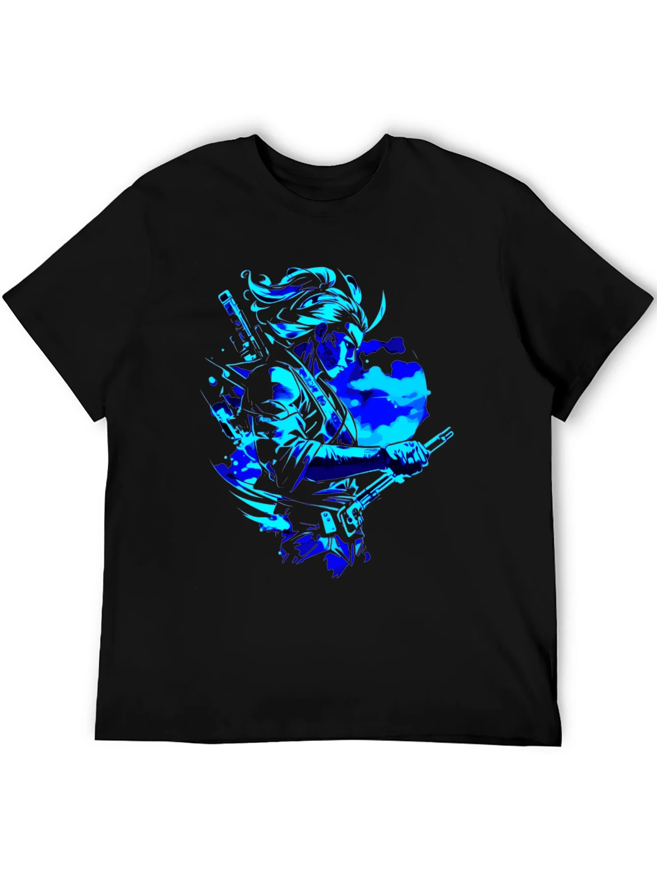Camiseta Negra con Dise?o Samurai en Azul Ne¨®n