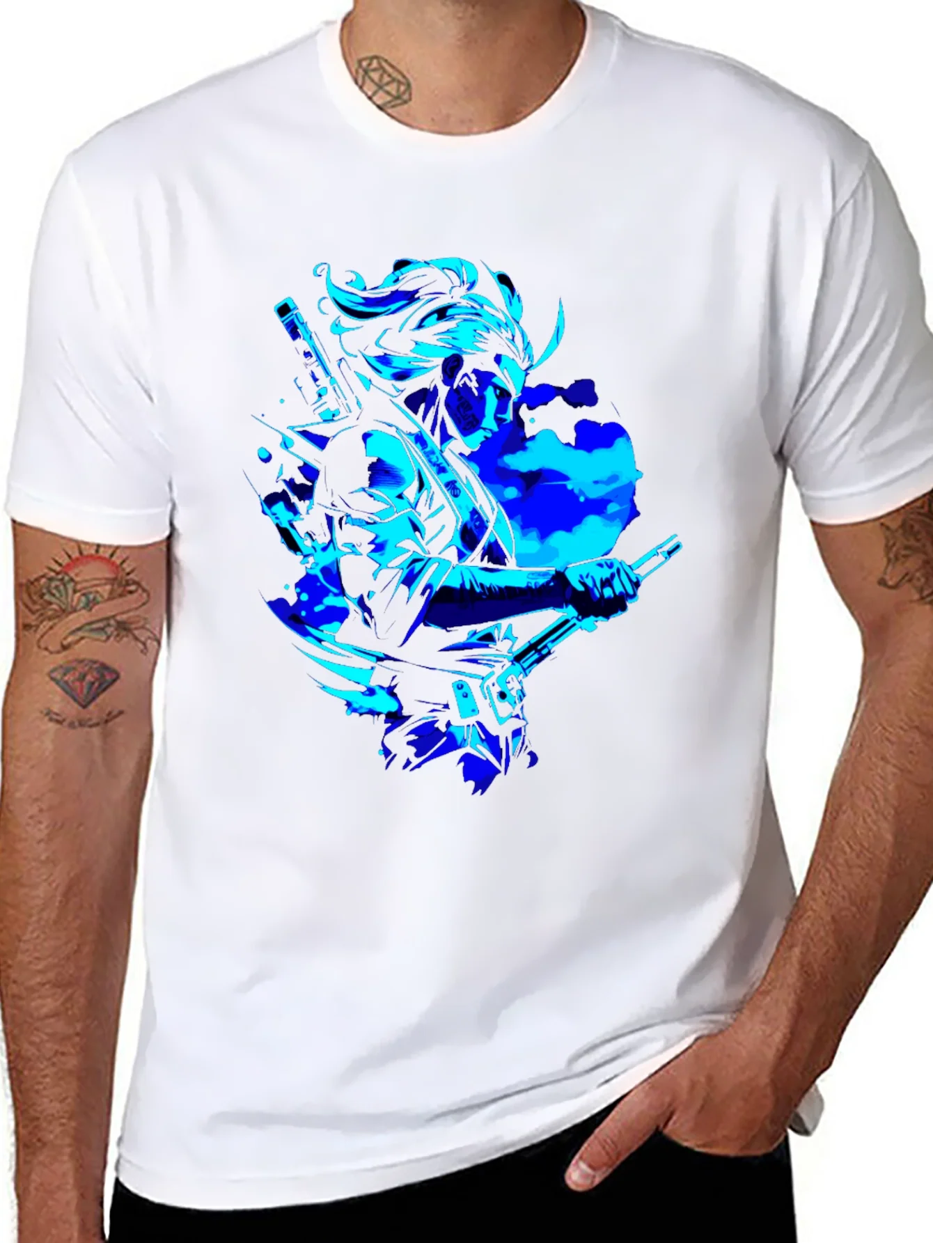Camiseta Negra con Dise?o Samurai en Azul Ne¨®n