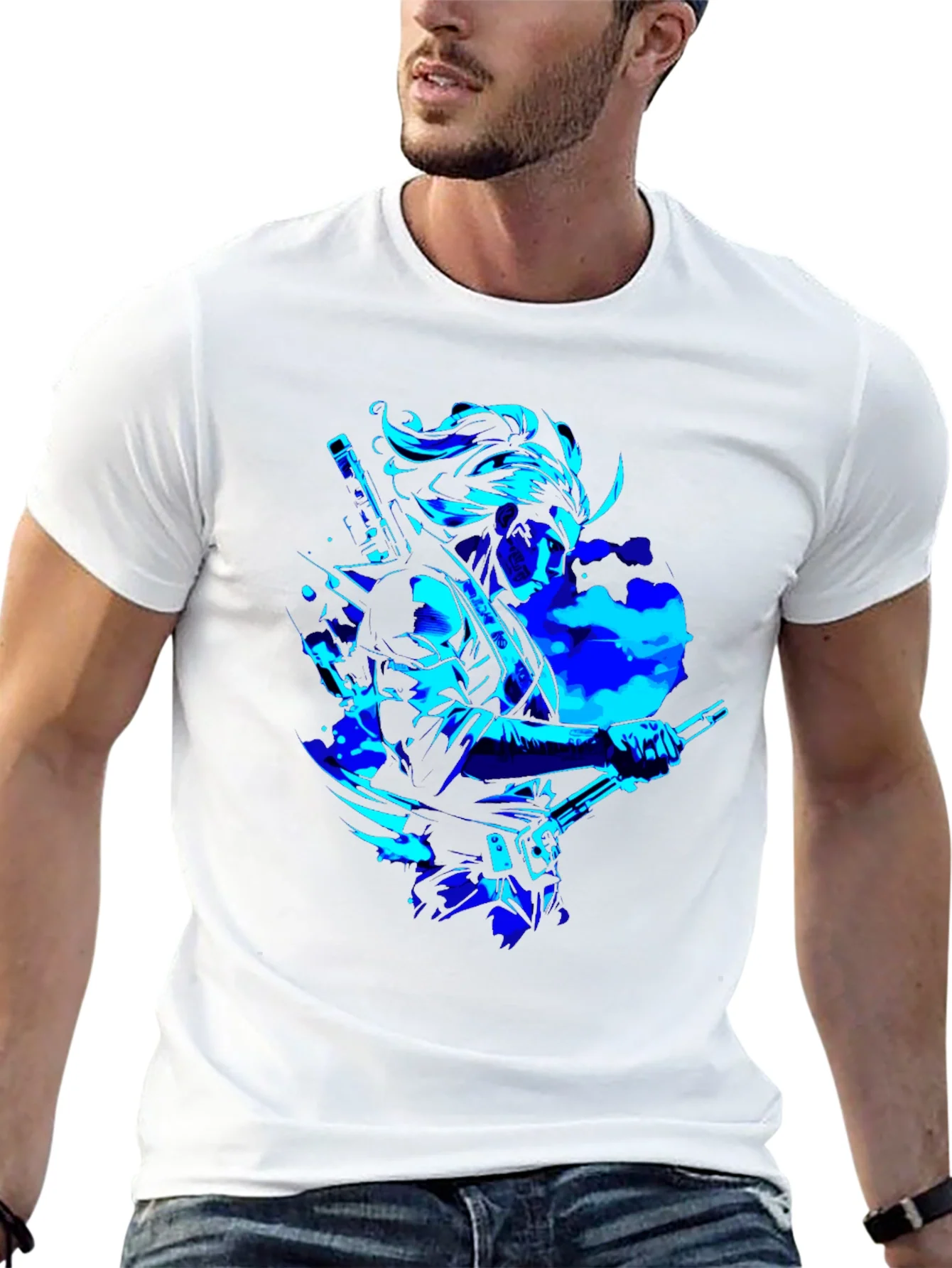 Camiseta Negra con Dise?o Samurai en Azul Ne¨®n