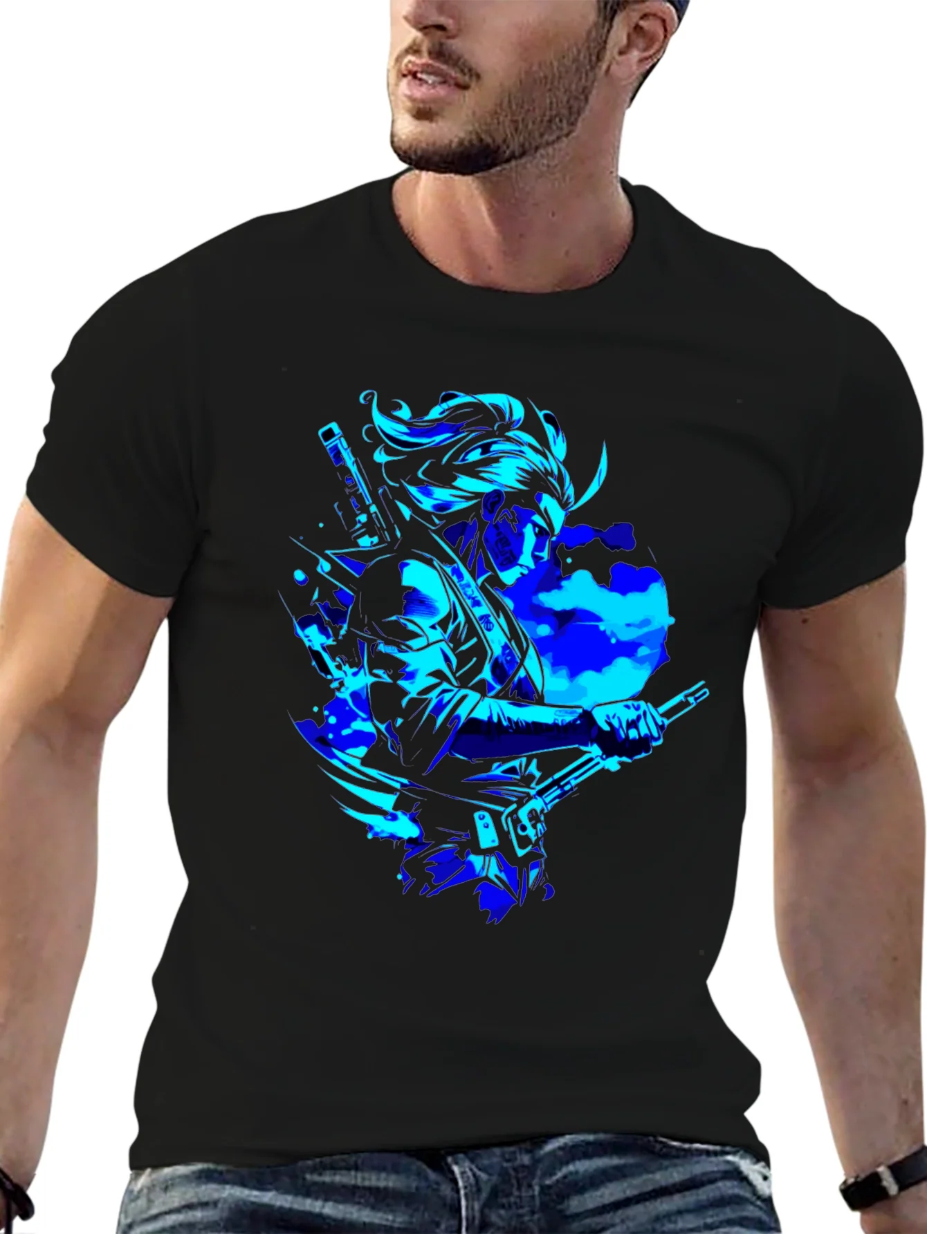 Camiseta Negra con Dise?o Samurai en Azul Ne¨®n