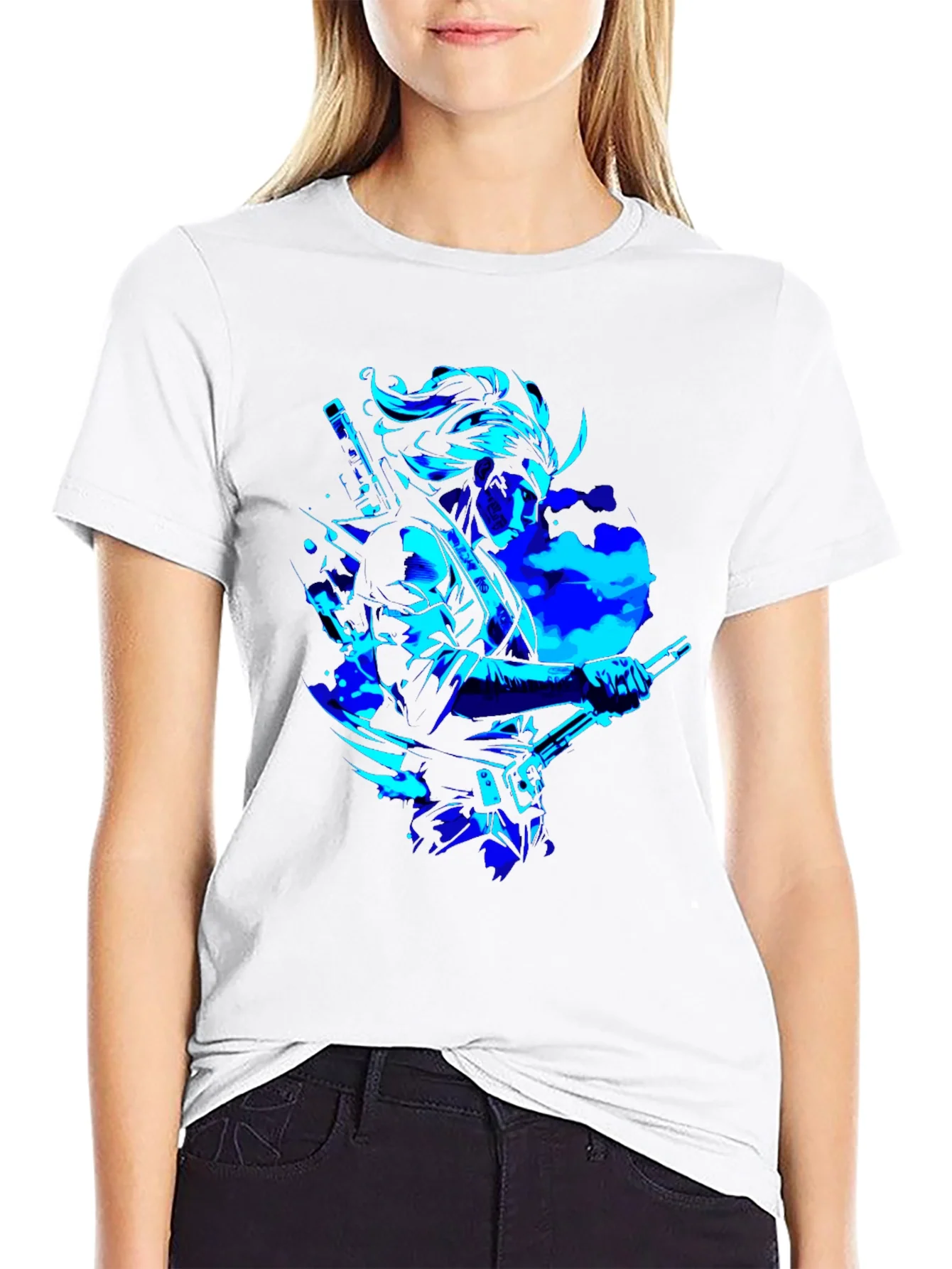 Camiseta Negra con Dise?o Samurai en Azul Ne¨®n