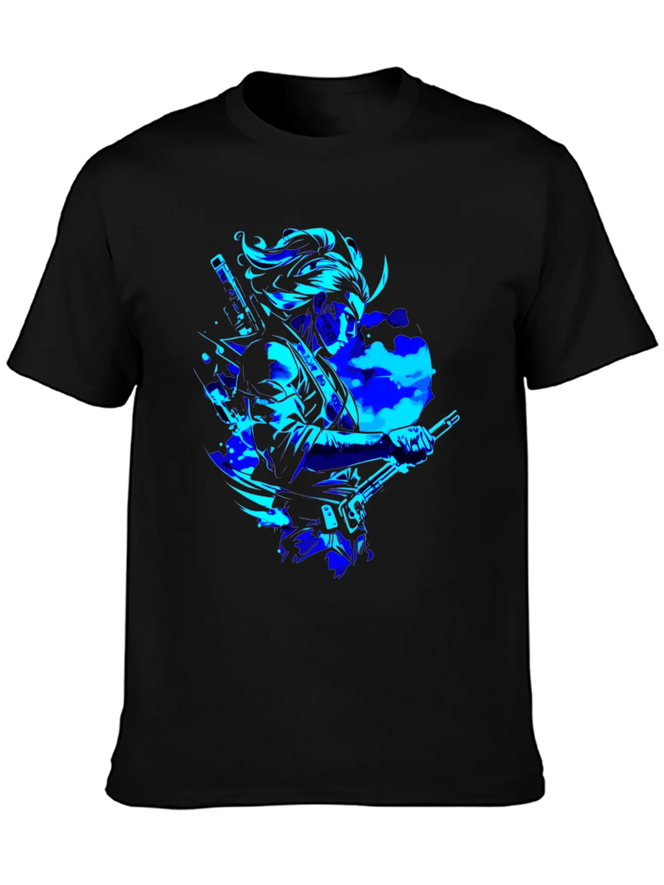 Camiseta Negra con Dise?o Samurai en Azul Ne¨®n