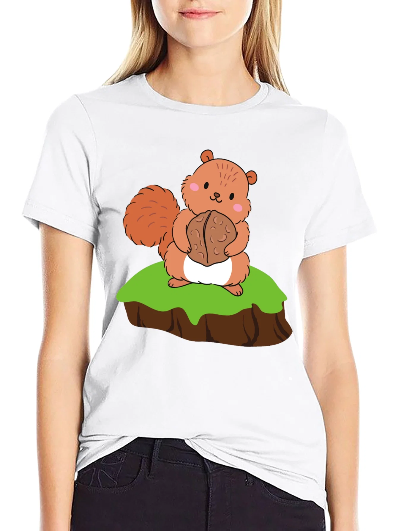 Rebbecca Cute Squirrel Holding Nut Graphic Tee - Black