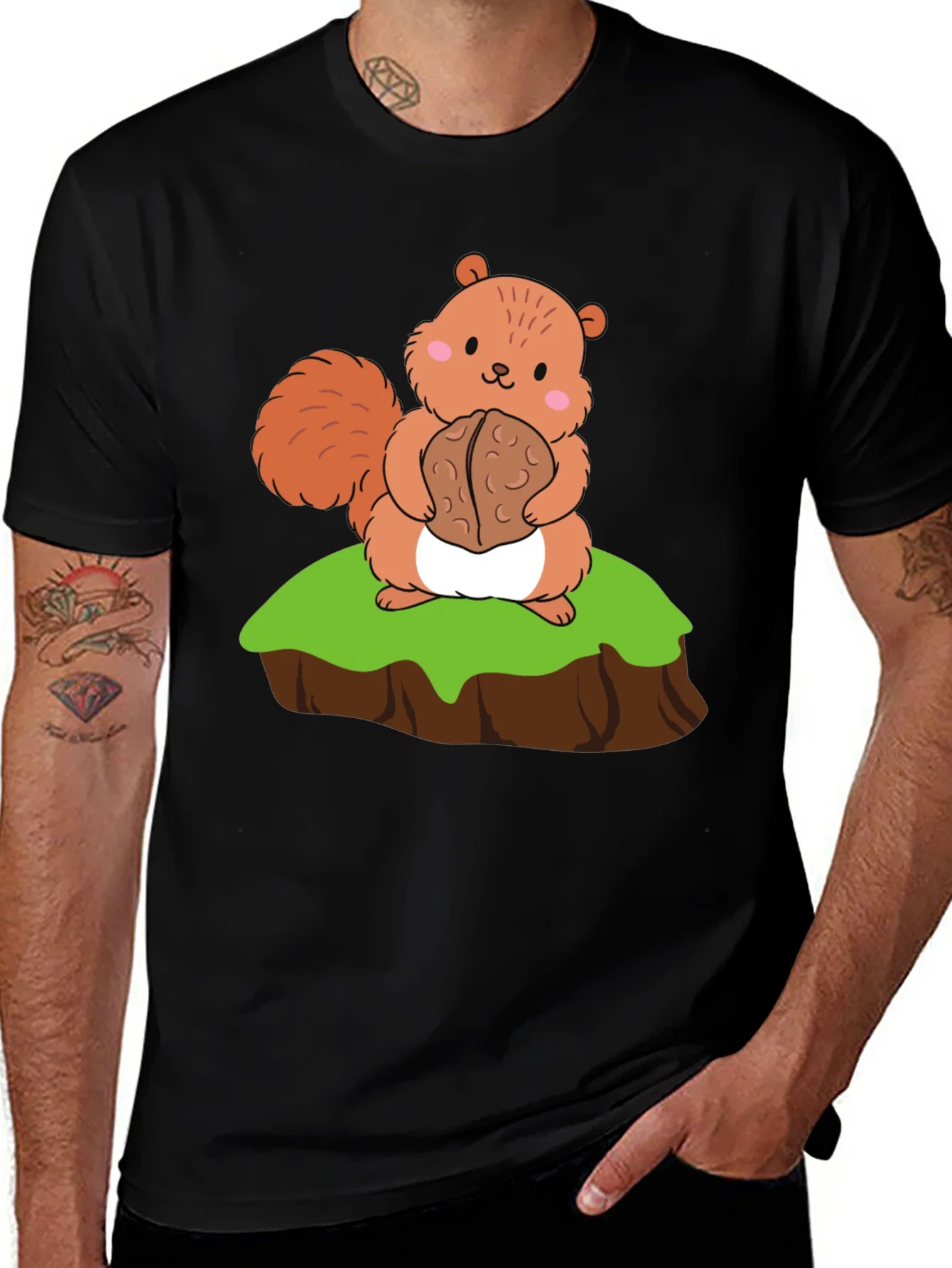 Rebbecca Cute Squirrel Holding Nut Graphic Tee - Black