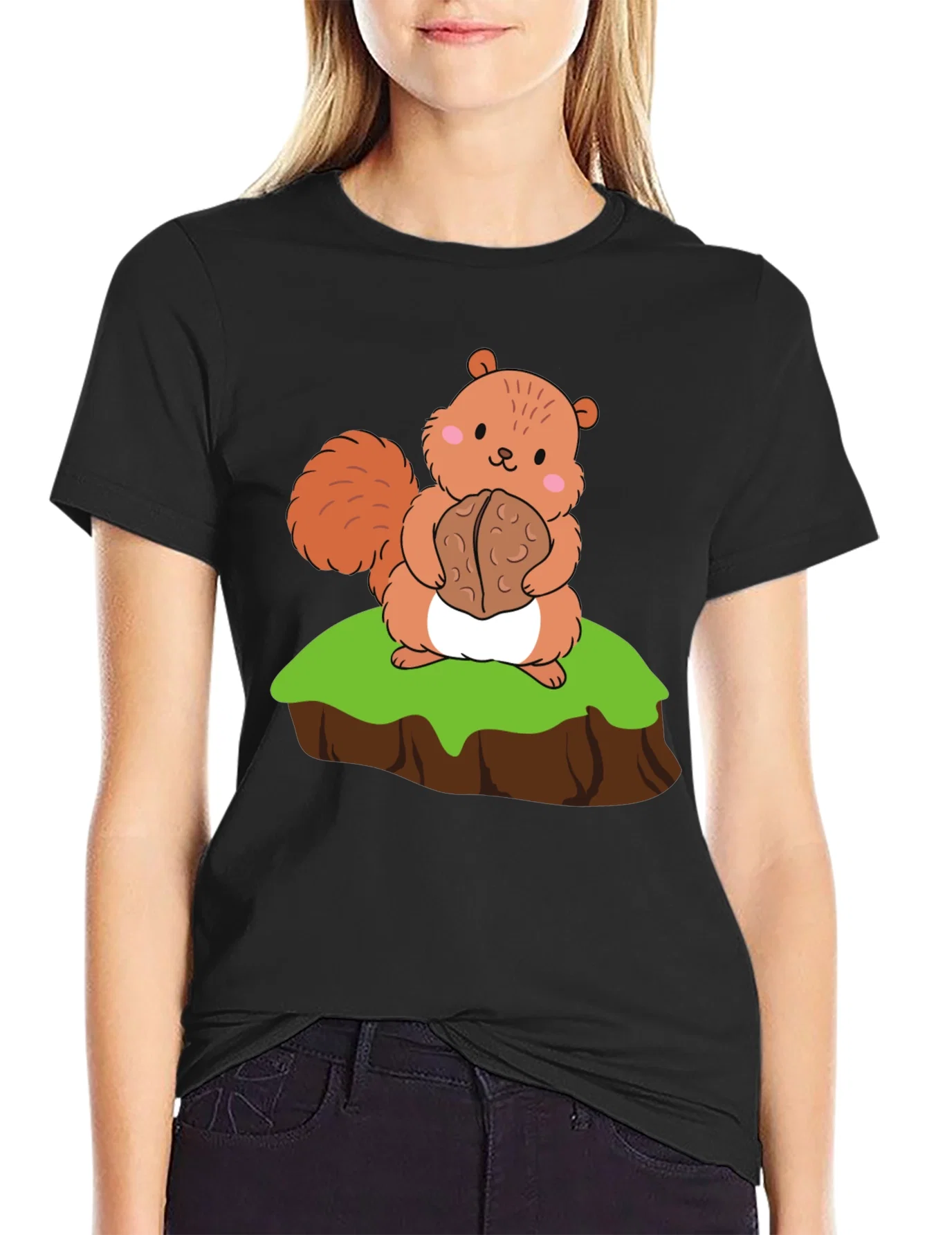 Rebbecca Cute Squirrel Holding Nut Graphic Tee - Black