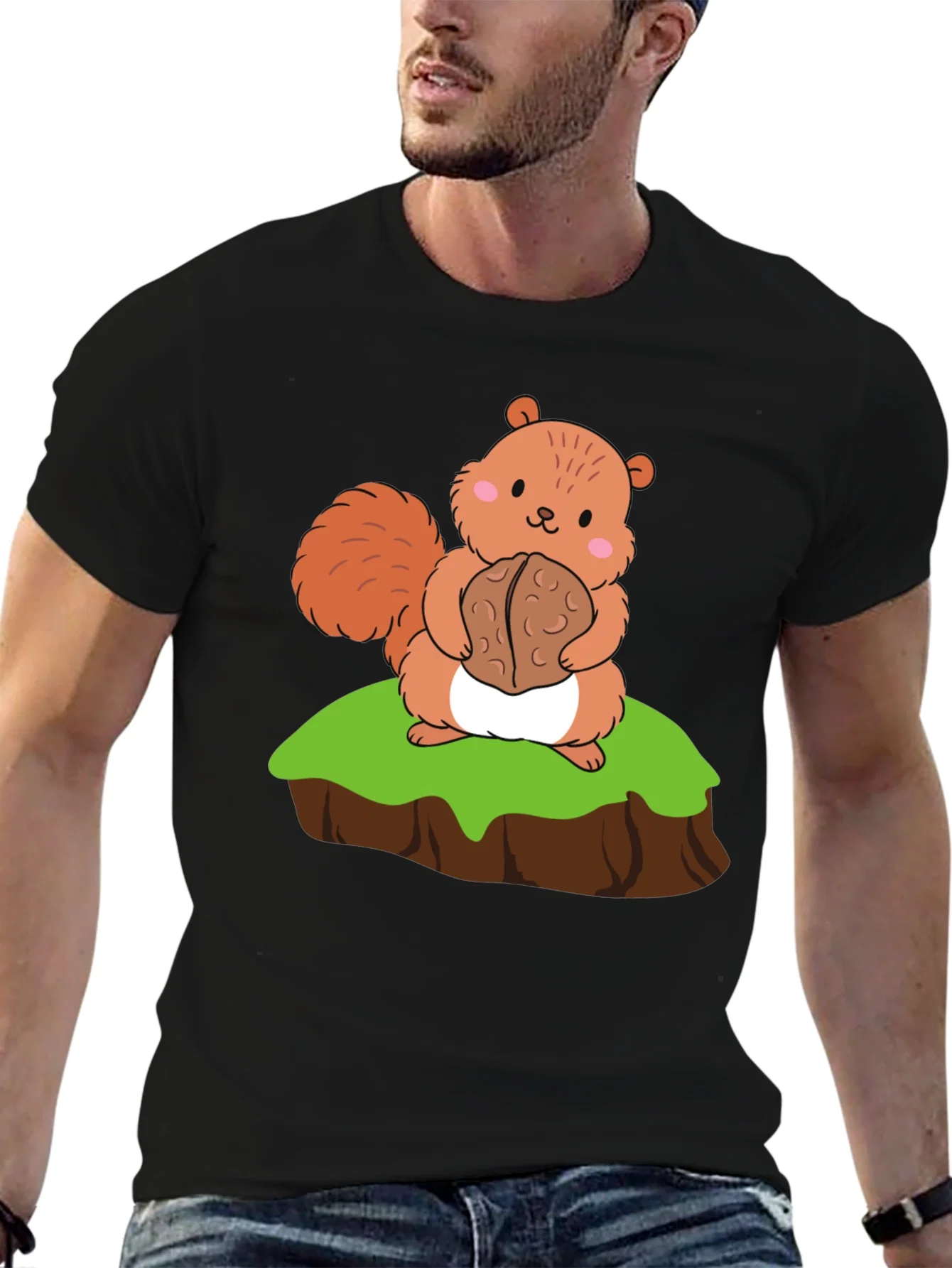 Rebbecca Cute Squirrel Holding Nut Graphic Tee - Black