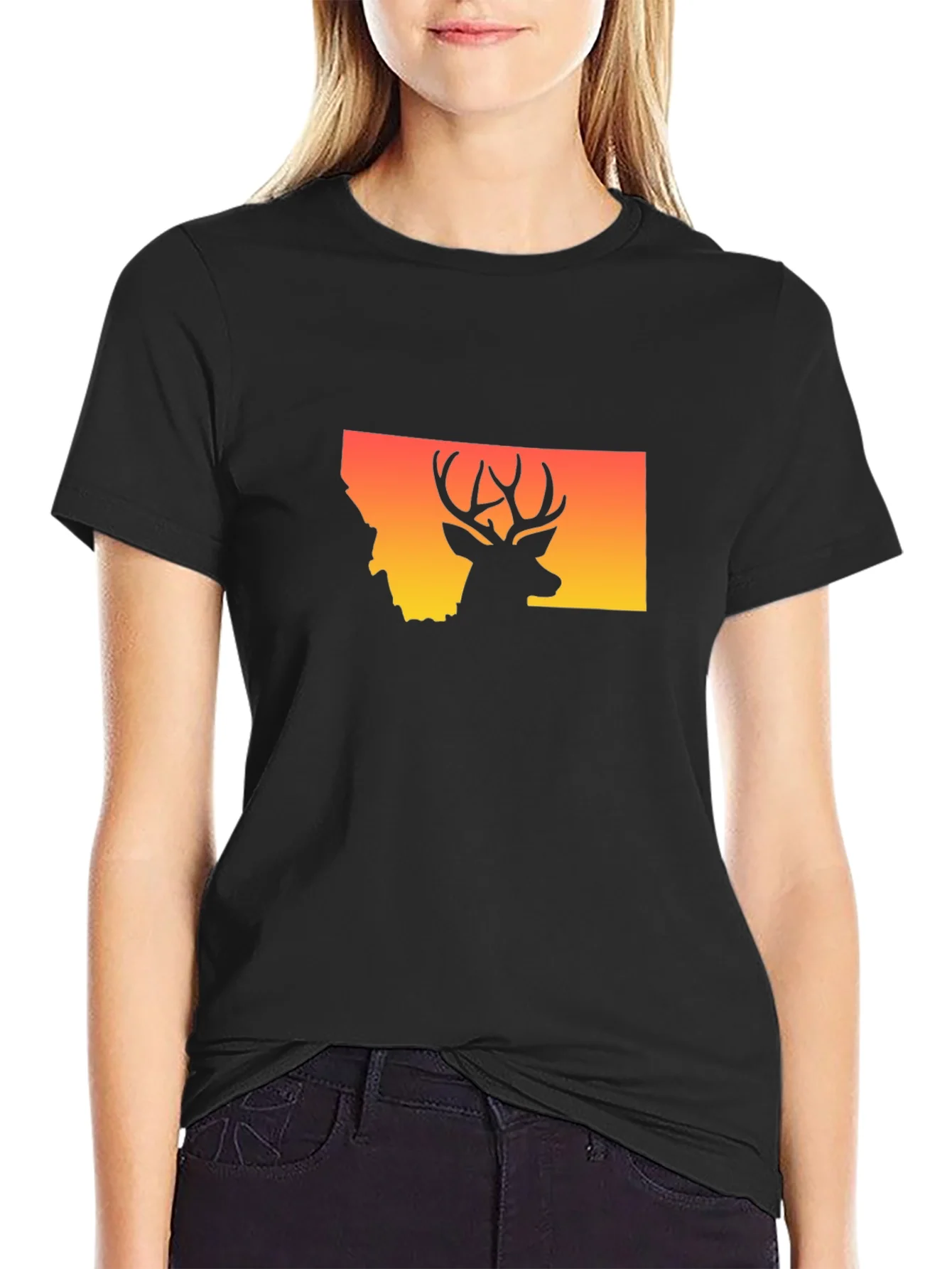 Camiseta Montana Ciervo Silueta Atardecer Hombre