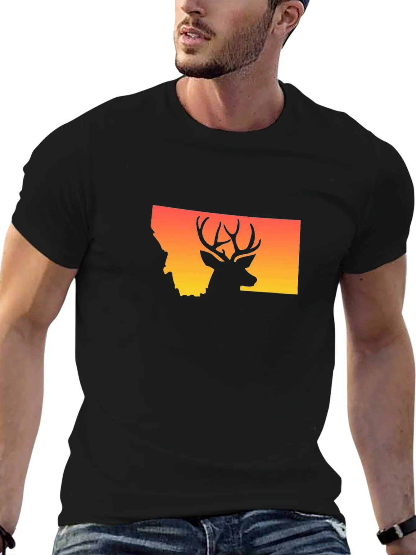 Camiseta Montana Ciervo Silueta Atardecer Hombre