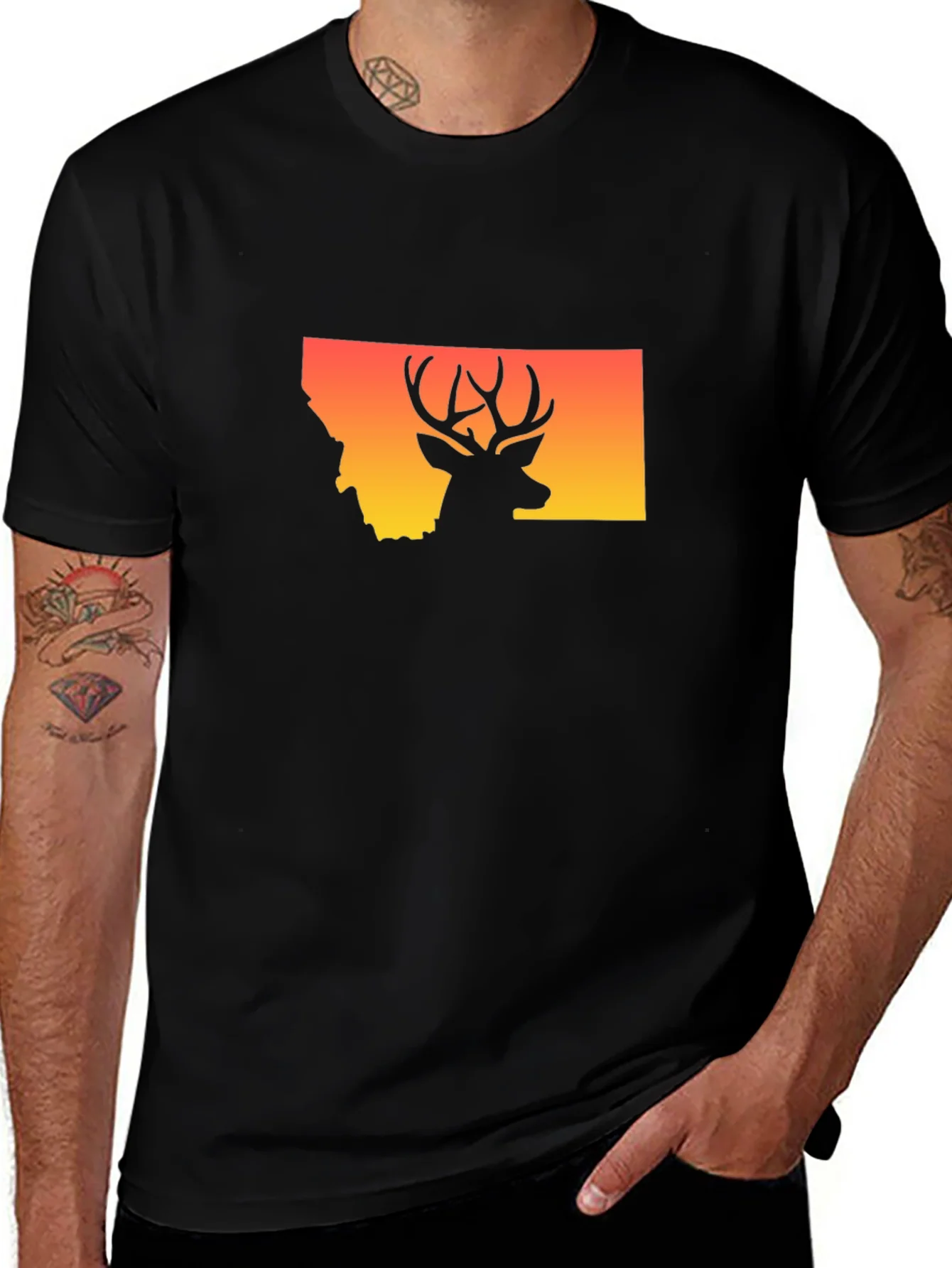 Camiseta Montana Ciervo Silueta Atardecer Hombre