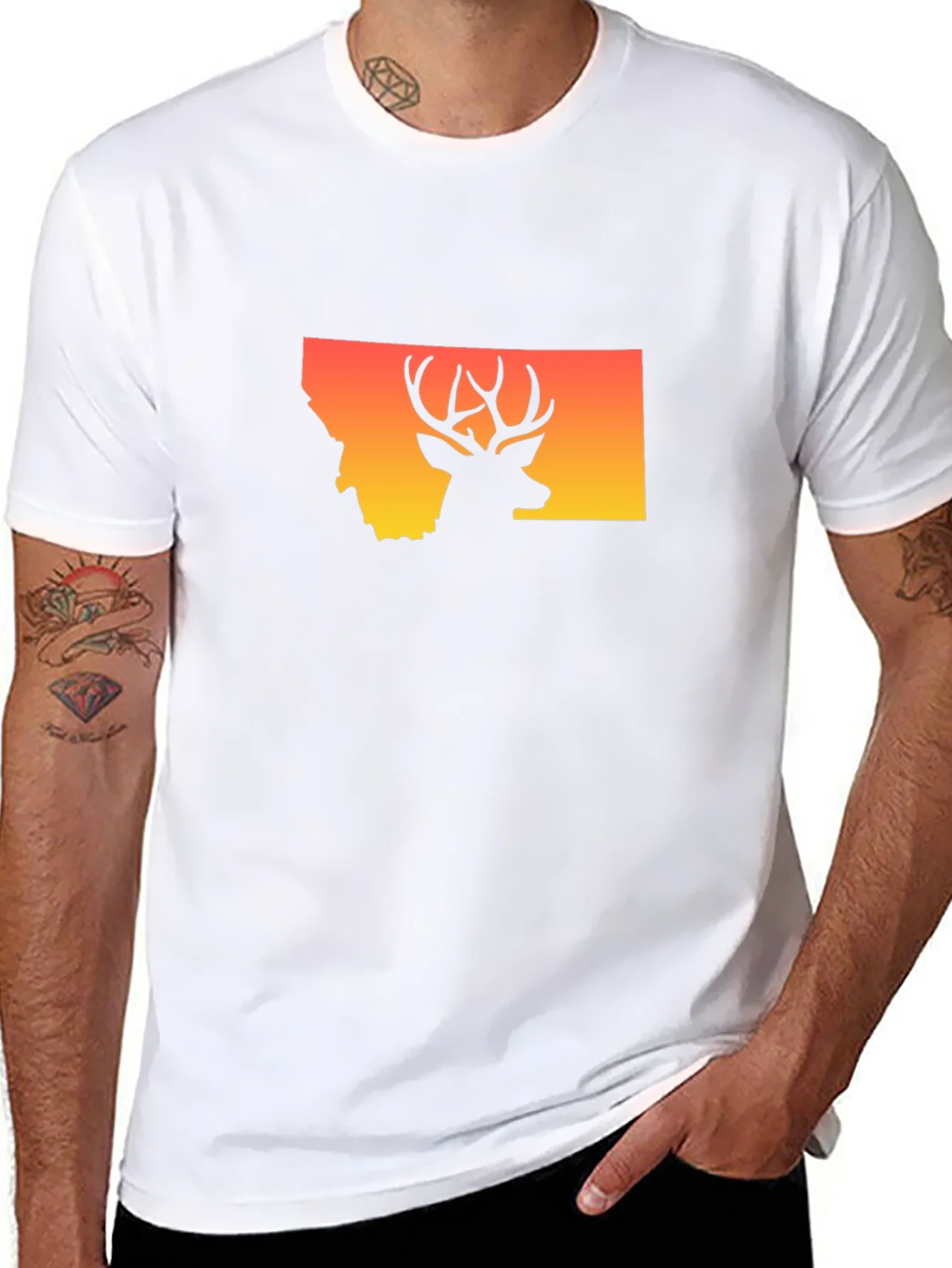 Camiseta Montana Ciervo Silueta Atardecer Hombre
