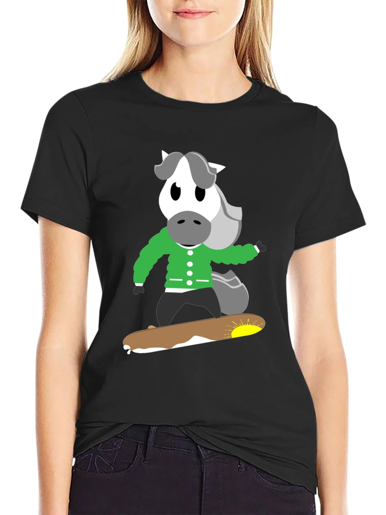 Rebbecca Horse on Skateboard Black T-Shirt