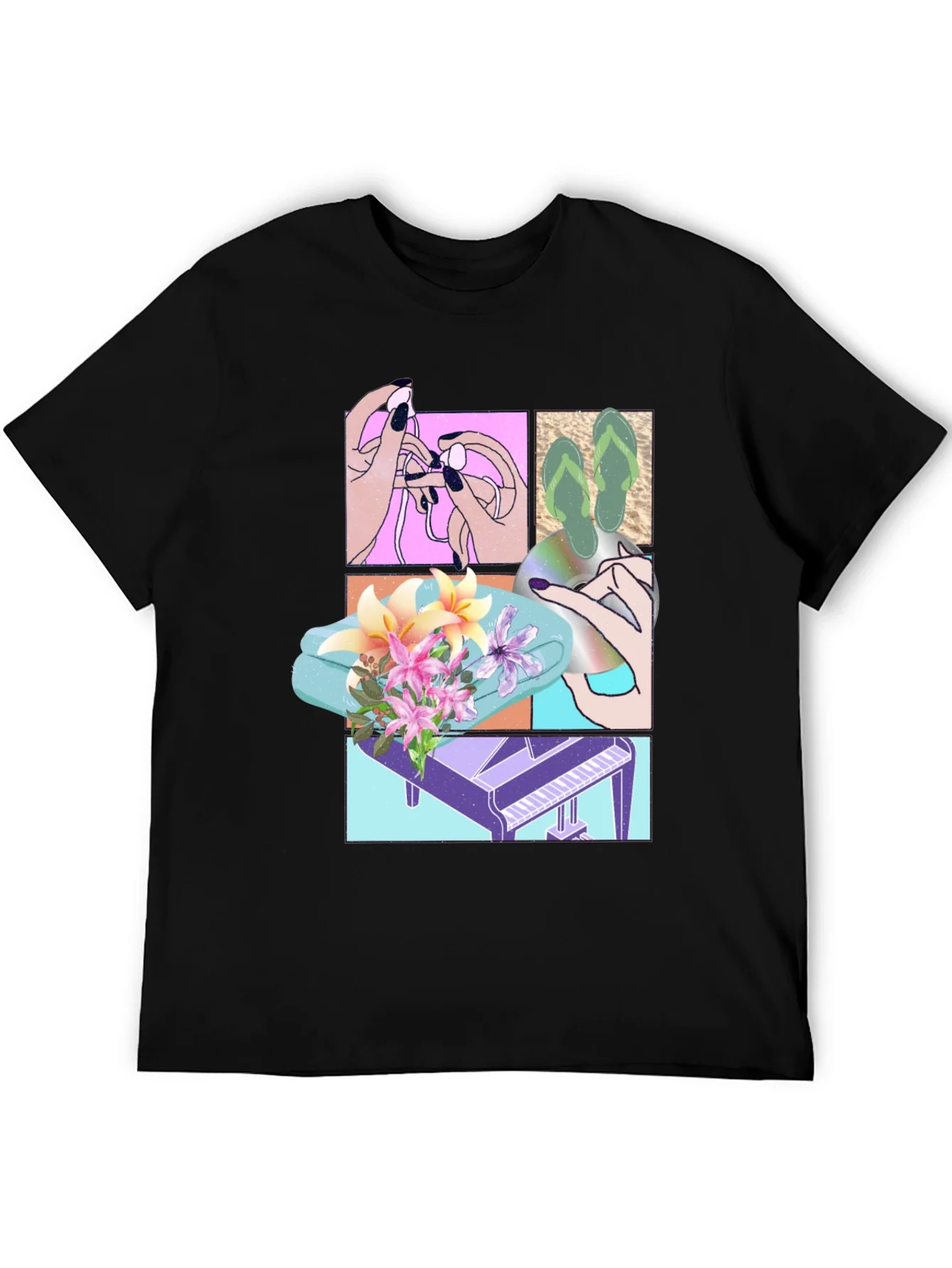 Camiseta Negra Estampada con Dise?o Veraniego