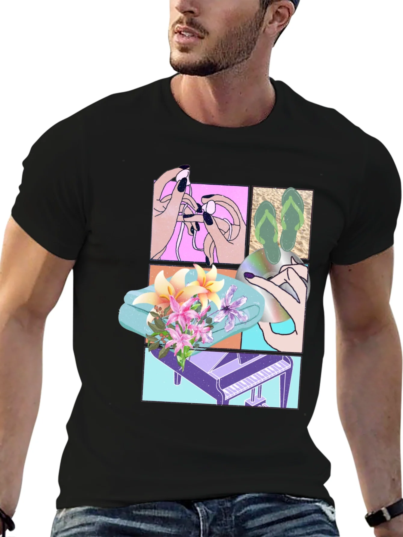 Camiseta Negra Estampada con Dise?o Veraniego