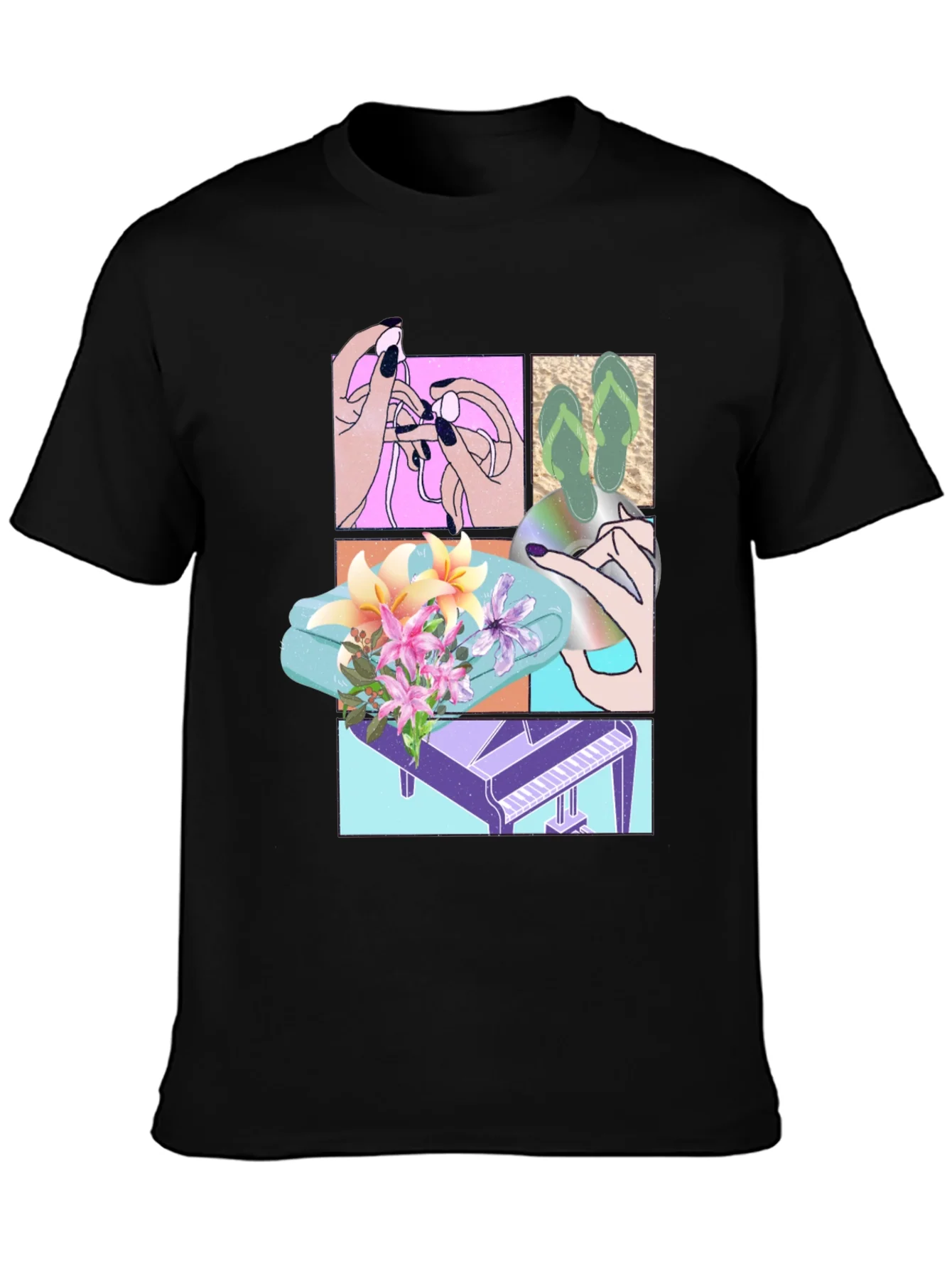 Camiseta Negra Estampada con Dise?o Veraniego