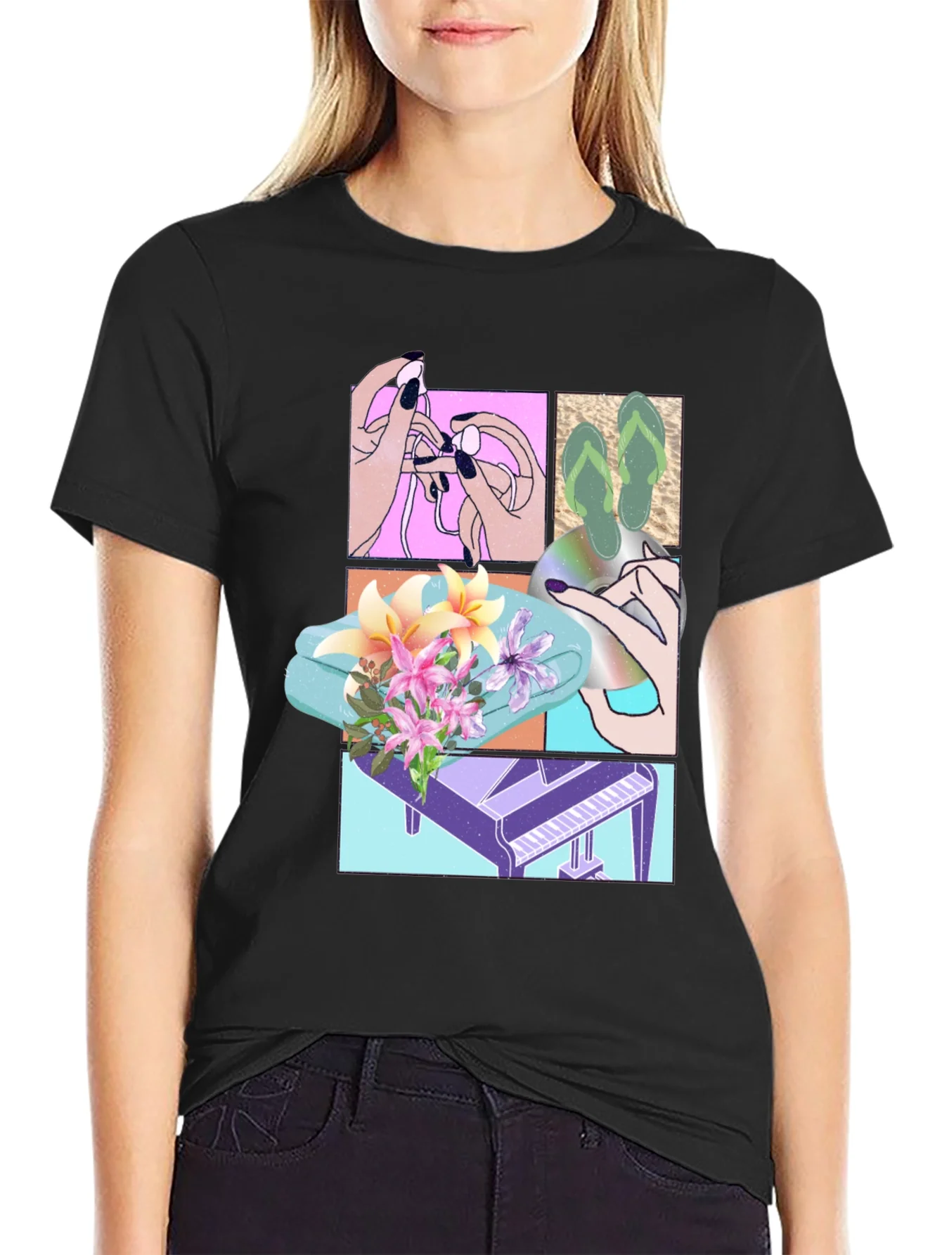 Camiseta Negra Estampada con Dise?o Veraniego