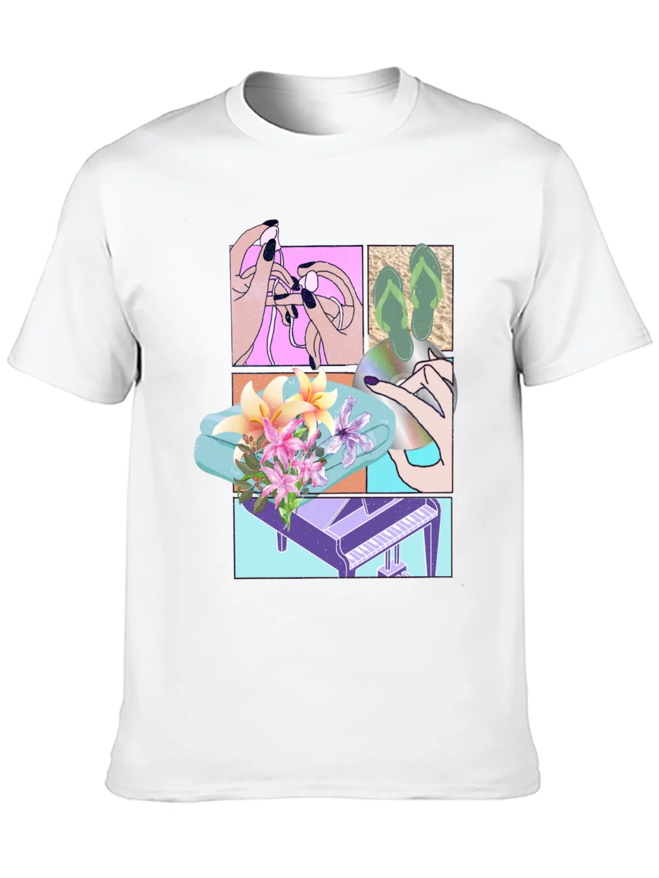 Camiseta Negra Estampada con Dise?o Veraniego