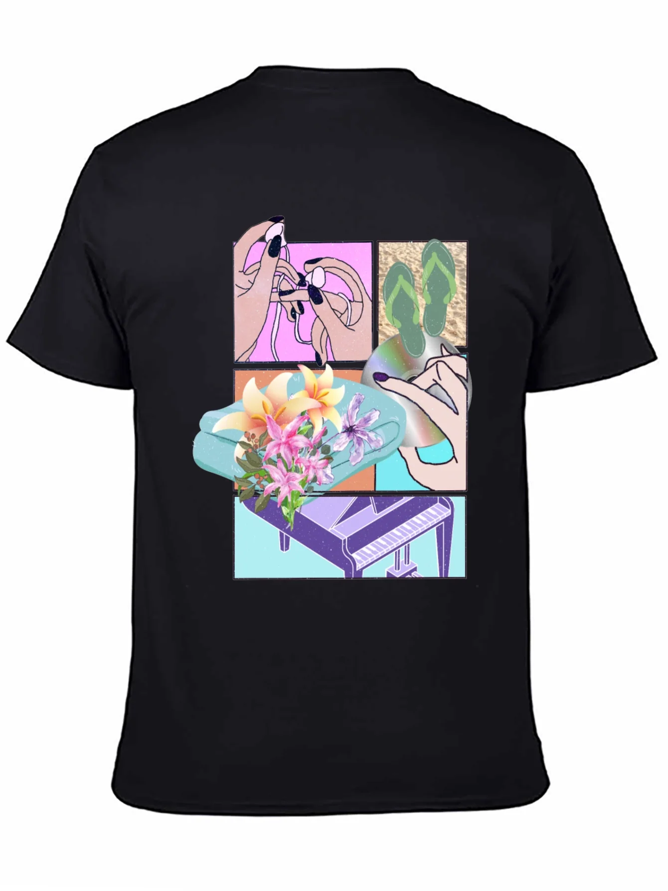 Camiseta Negra Estampada con Dise?o Veraniego