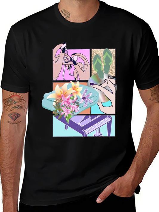 Camiseta Negra Estampada con Dise?o Veraniego