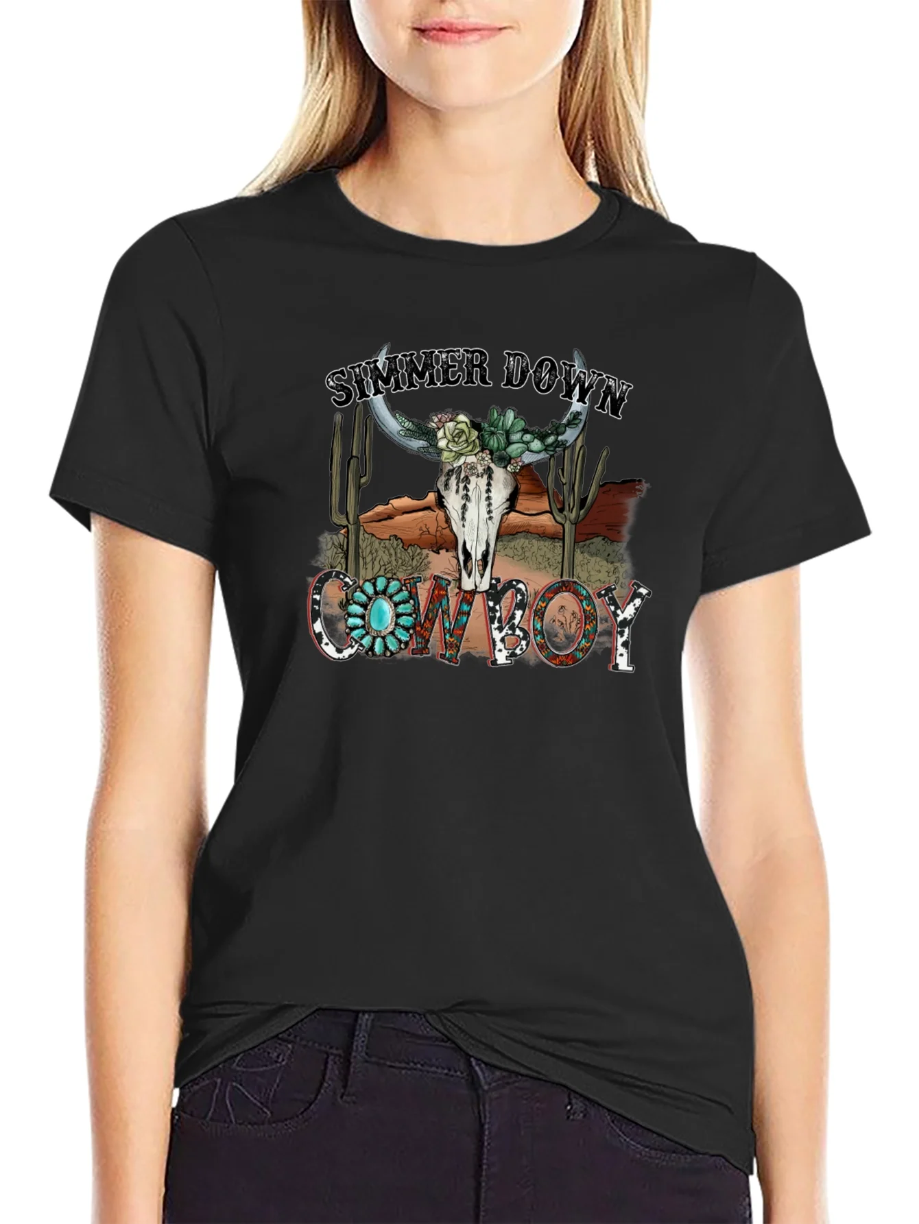Camiseta Negra Estampada Simmer Down Cowboy