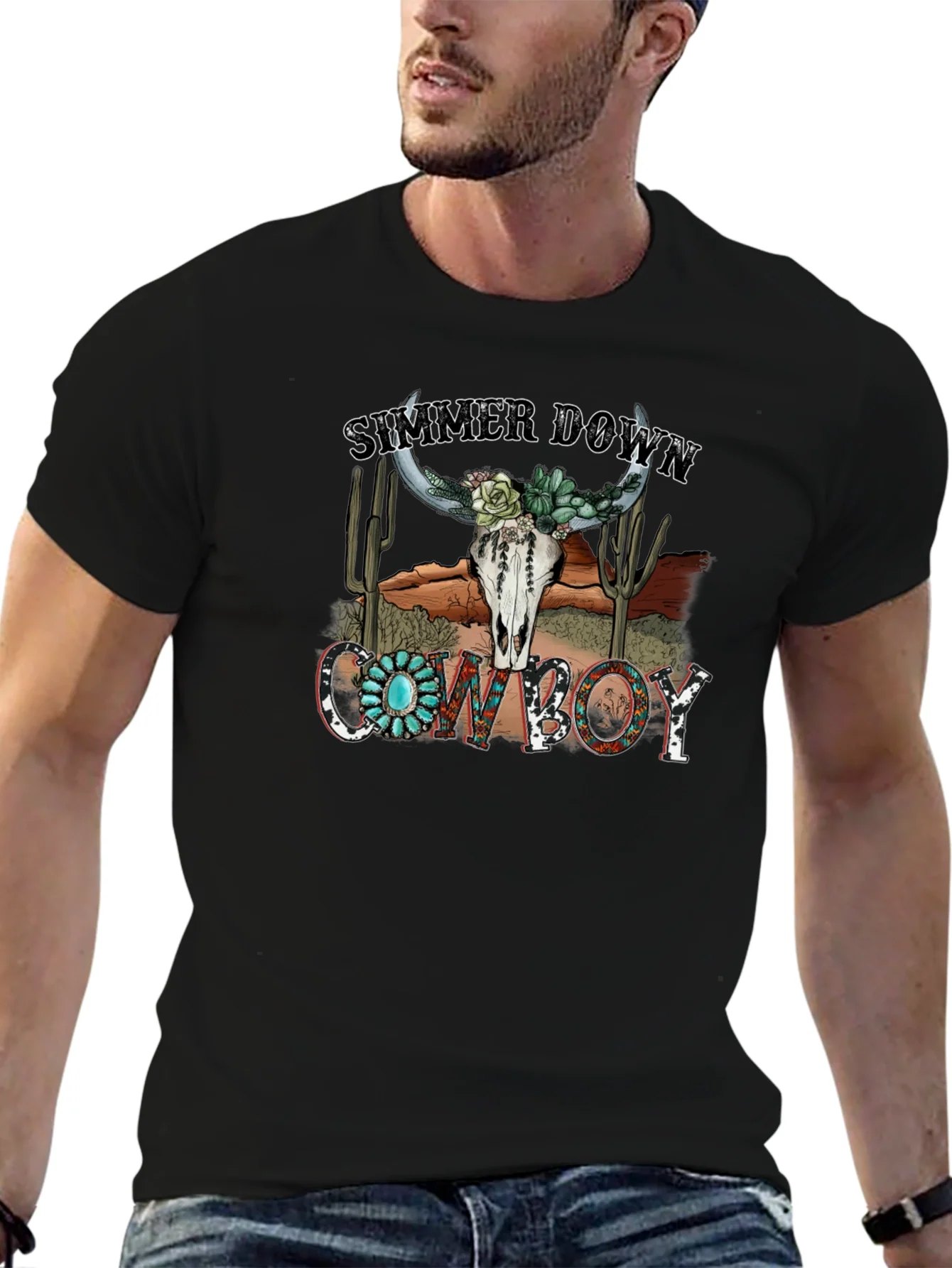 Camiseta Negra Estampada Simmer Down Cowboy