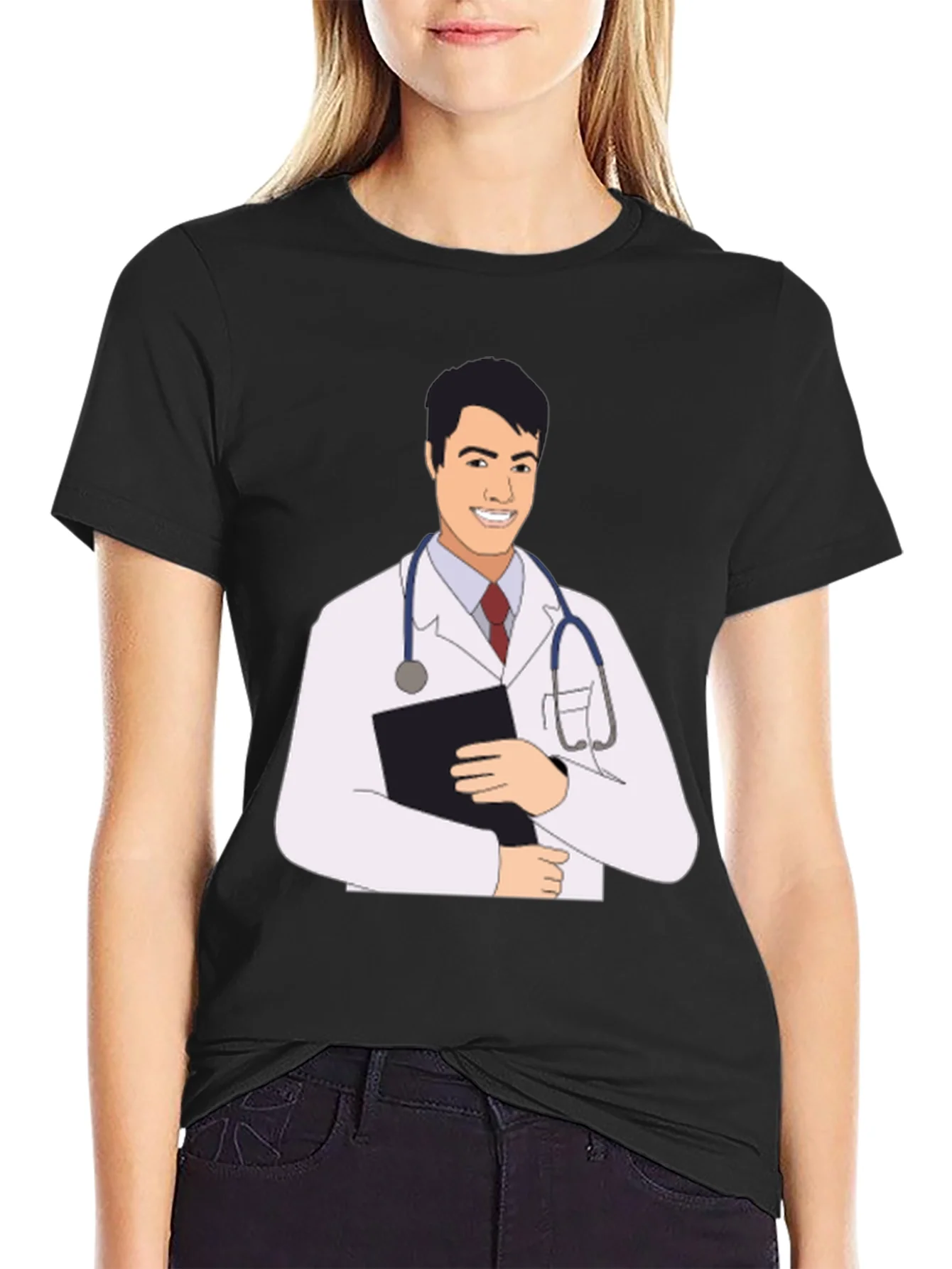 Camiseta Negra con Estampado de M¨¦dico Sonriente