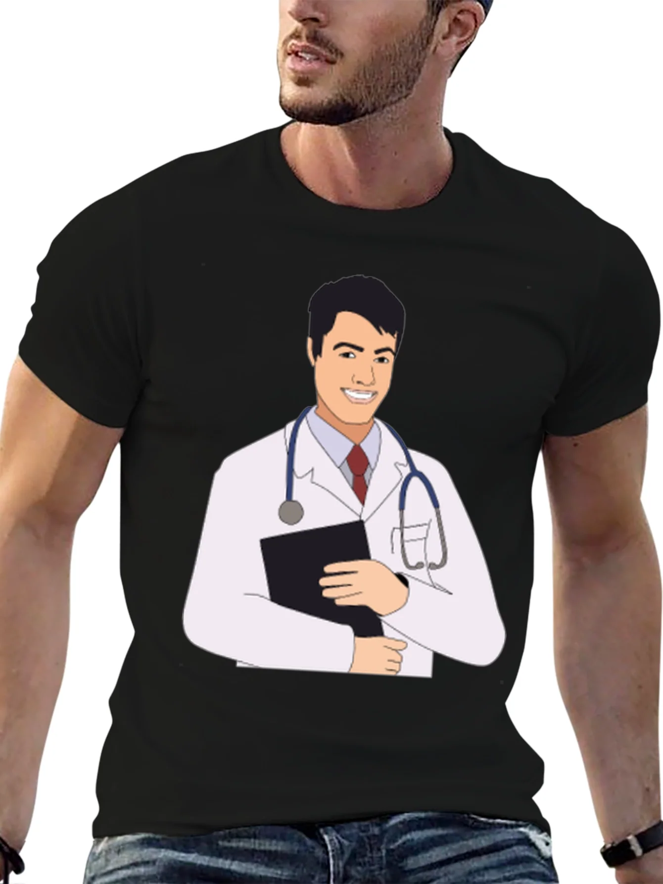 Camiseta Negra con Estampado de M¨¦dico Sonriente