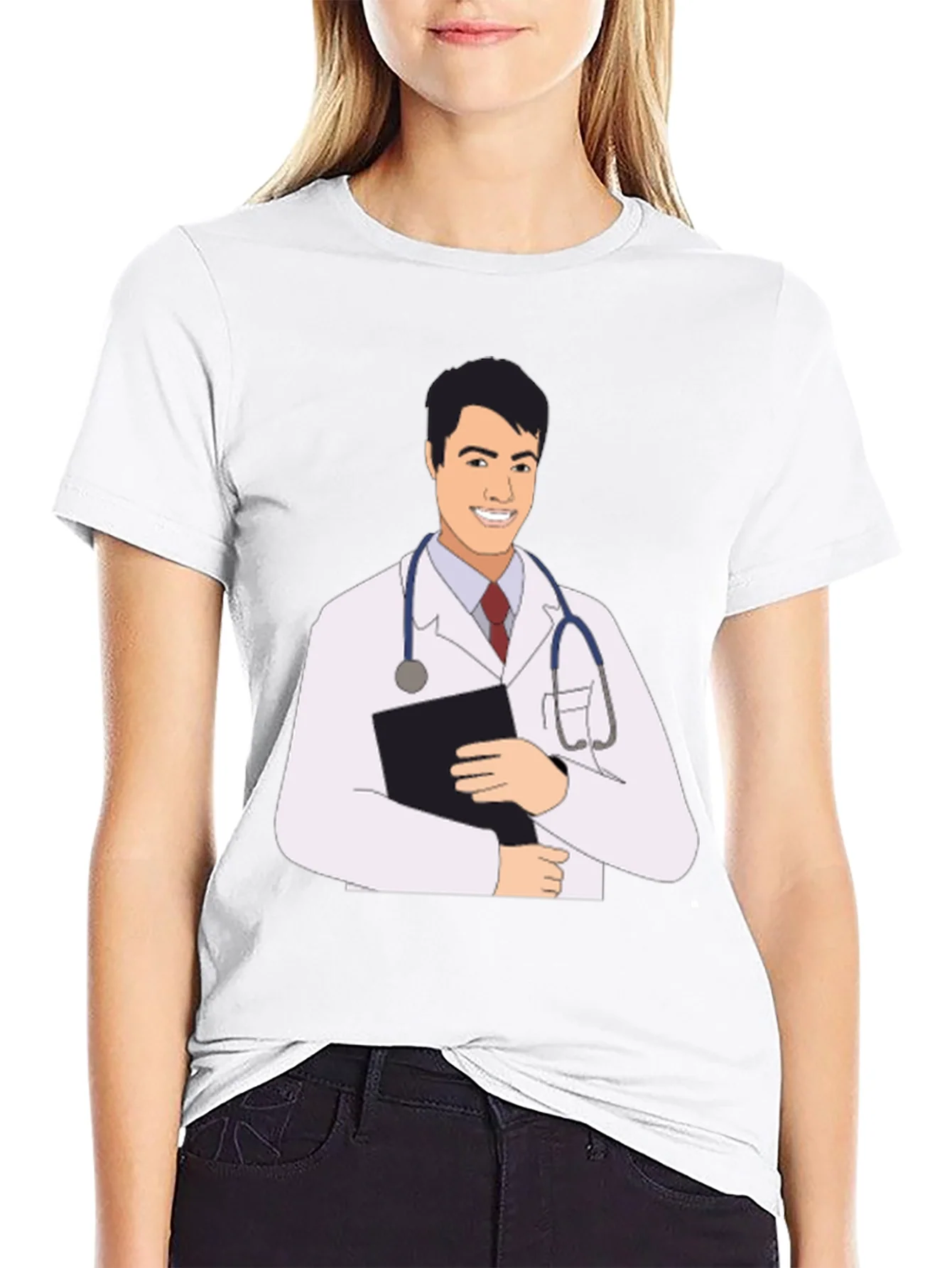 Camiseta Negra con Estampado de M¨¦dico Sonriente
