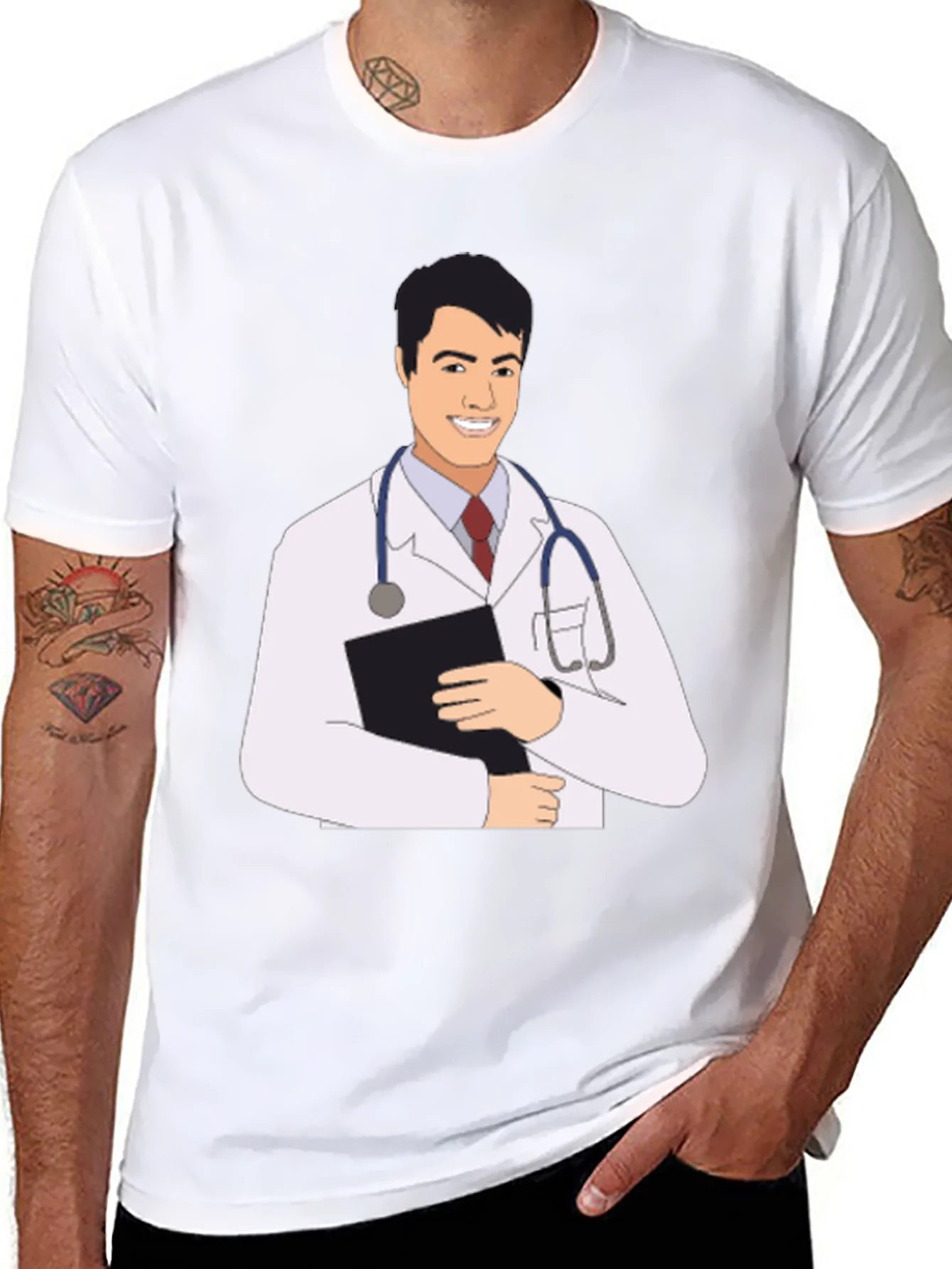 Camiseta Negra con Estampado de M¨¦dico Sonriente